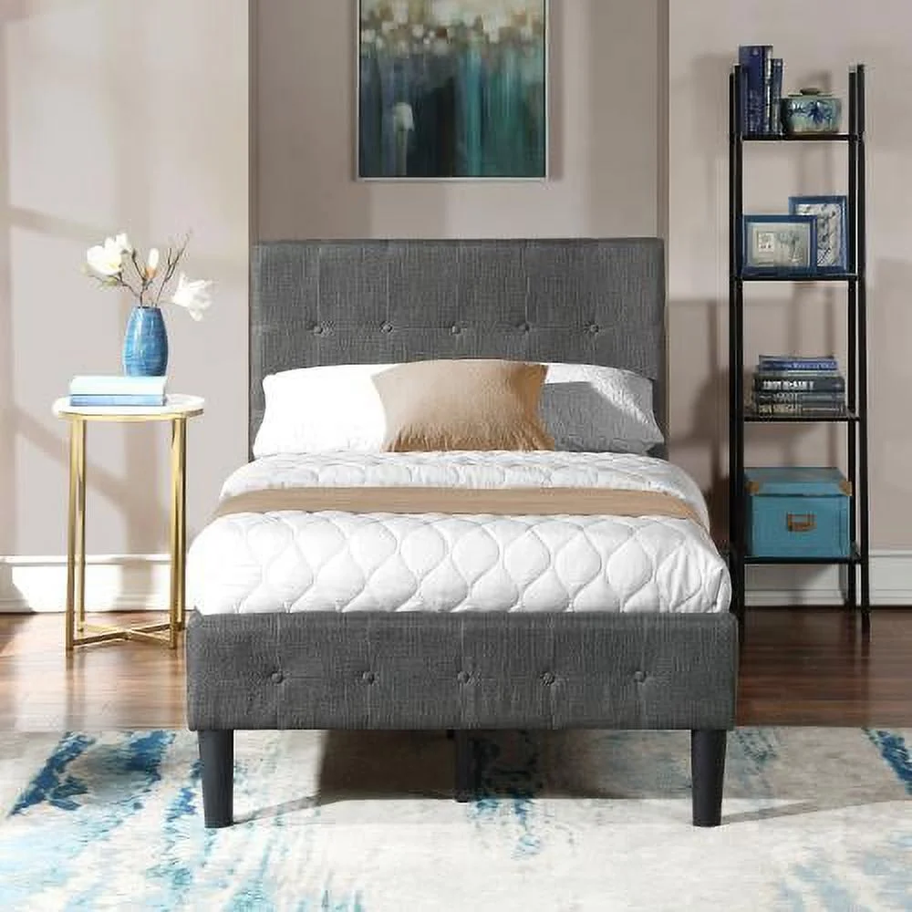 Upholstered Platform Bed with Wooden Slat Support and Tufted Headboard and Footboard (Twin)