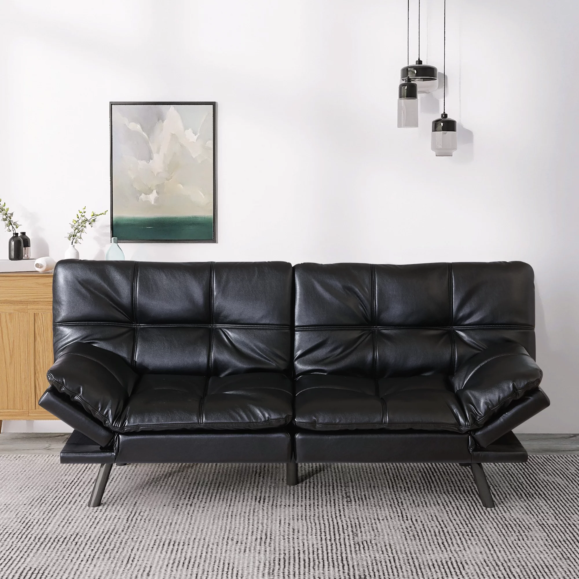 Hcore Memory Foam Convertible Sofa Bed/Couch/Futon Sets with Black Faux Leather for Living Room