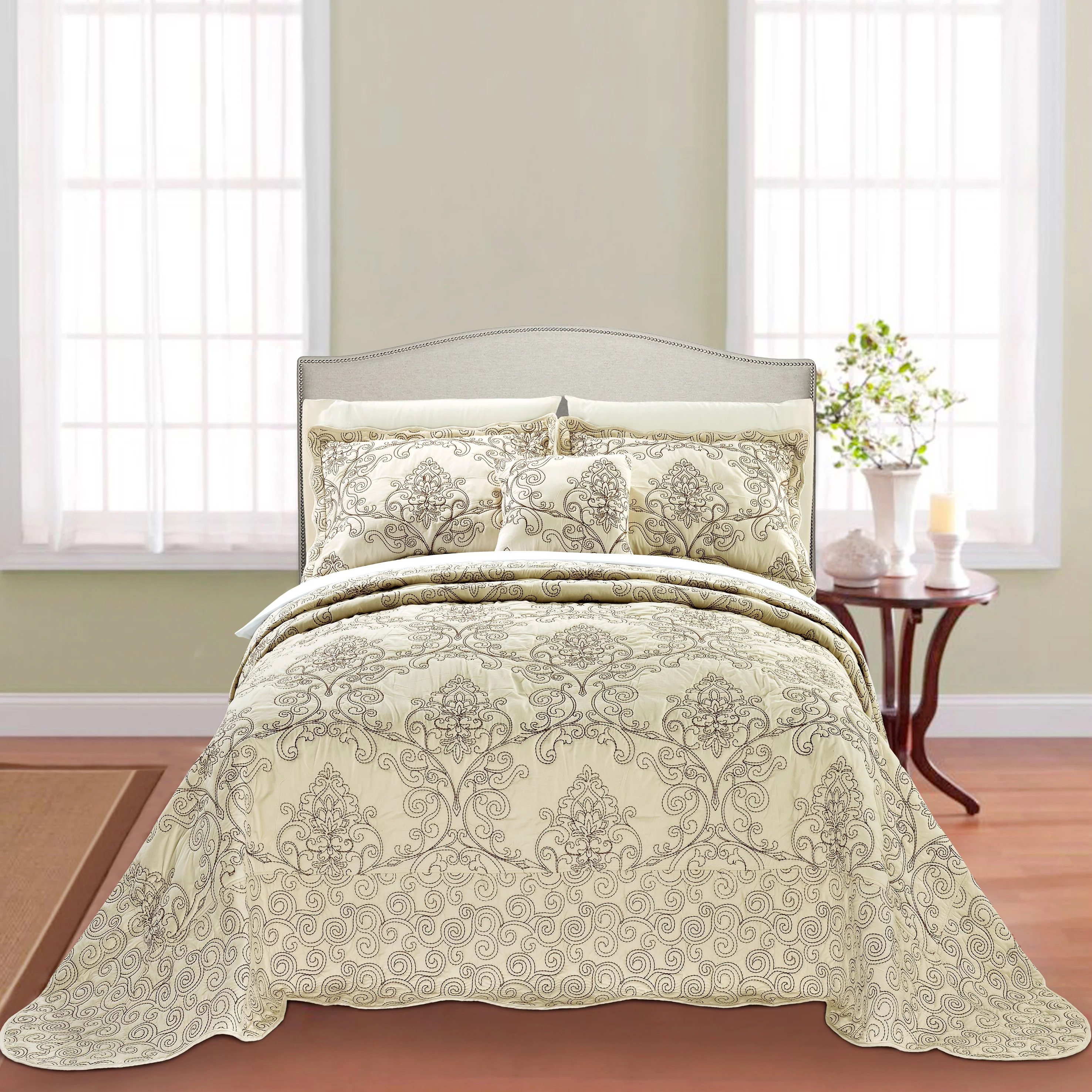 Home Soft Things 4 Piece Damask Embroidery Bedspread Set - Beige - Oversize King (120