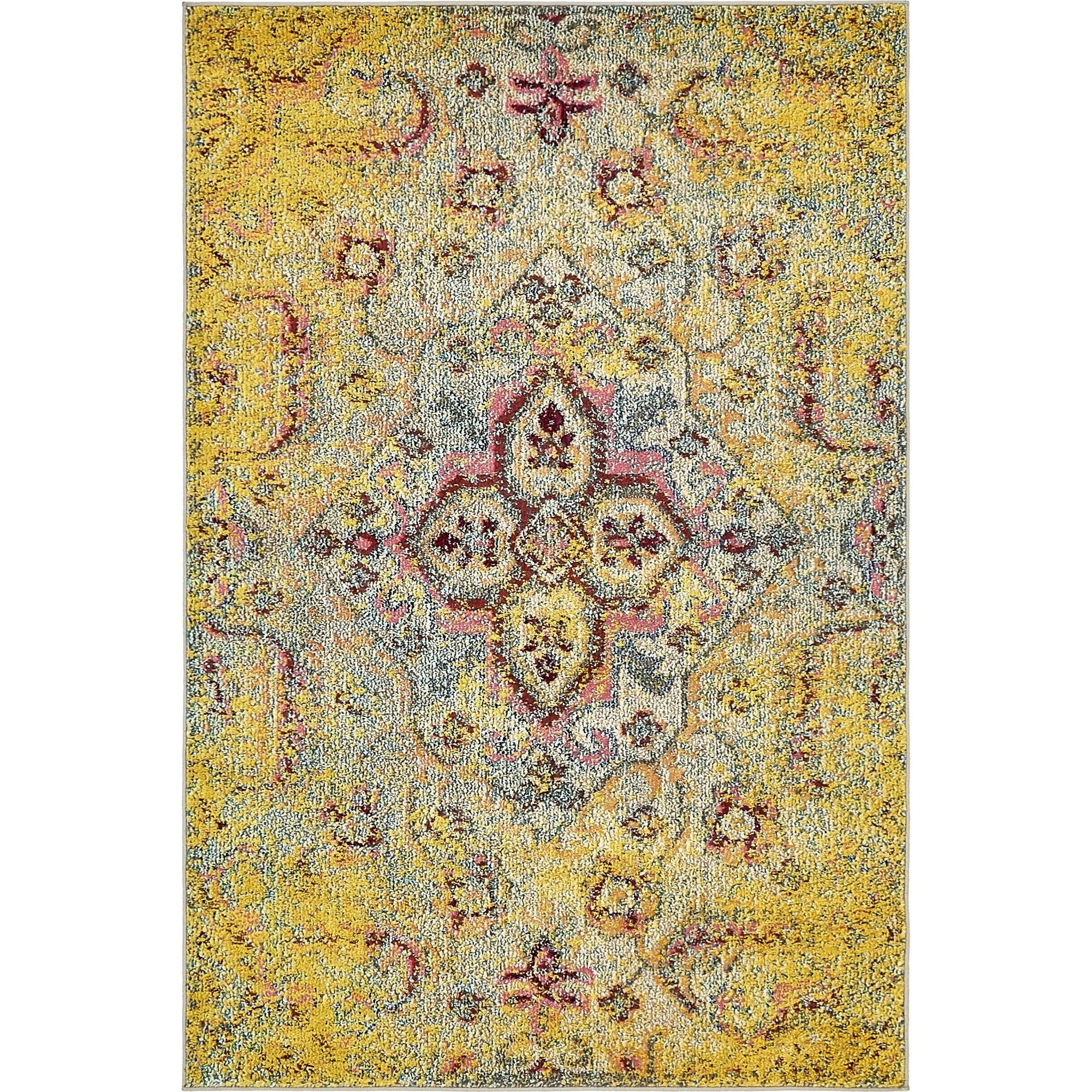 Unique Loom Van Gogh Vita Rug Yellow/Beige 4' x 6' Rectangle Medallion Bohemian Perfect For Living Room Bed Room Dining Room Office
