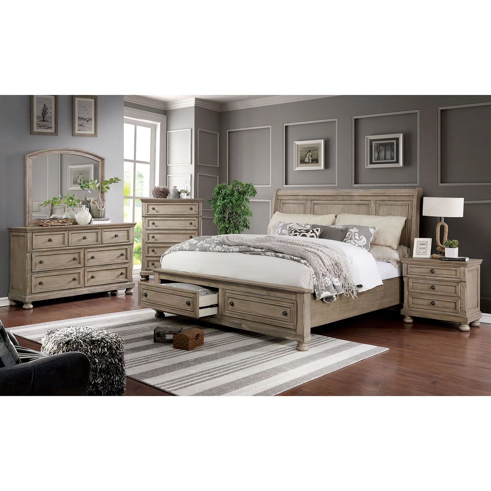 Transitional Style Gray Finish Solid wood Bedroom 4pc Set California King Size Bed Dresser Mirror Nightstand Furniture