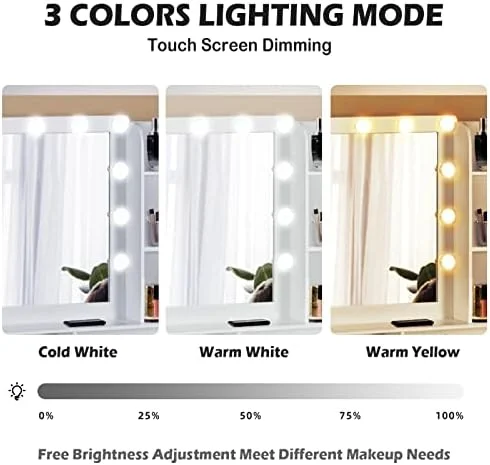 xrboomlife Makeup Vanity Table with Lighted Mirror  Dressing Table Compact Vanity Desk with 5 Large Drawers for Women Girls (White)