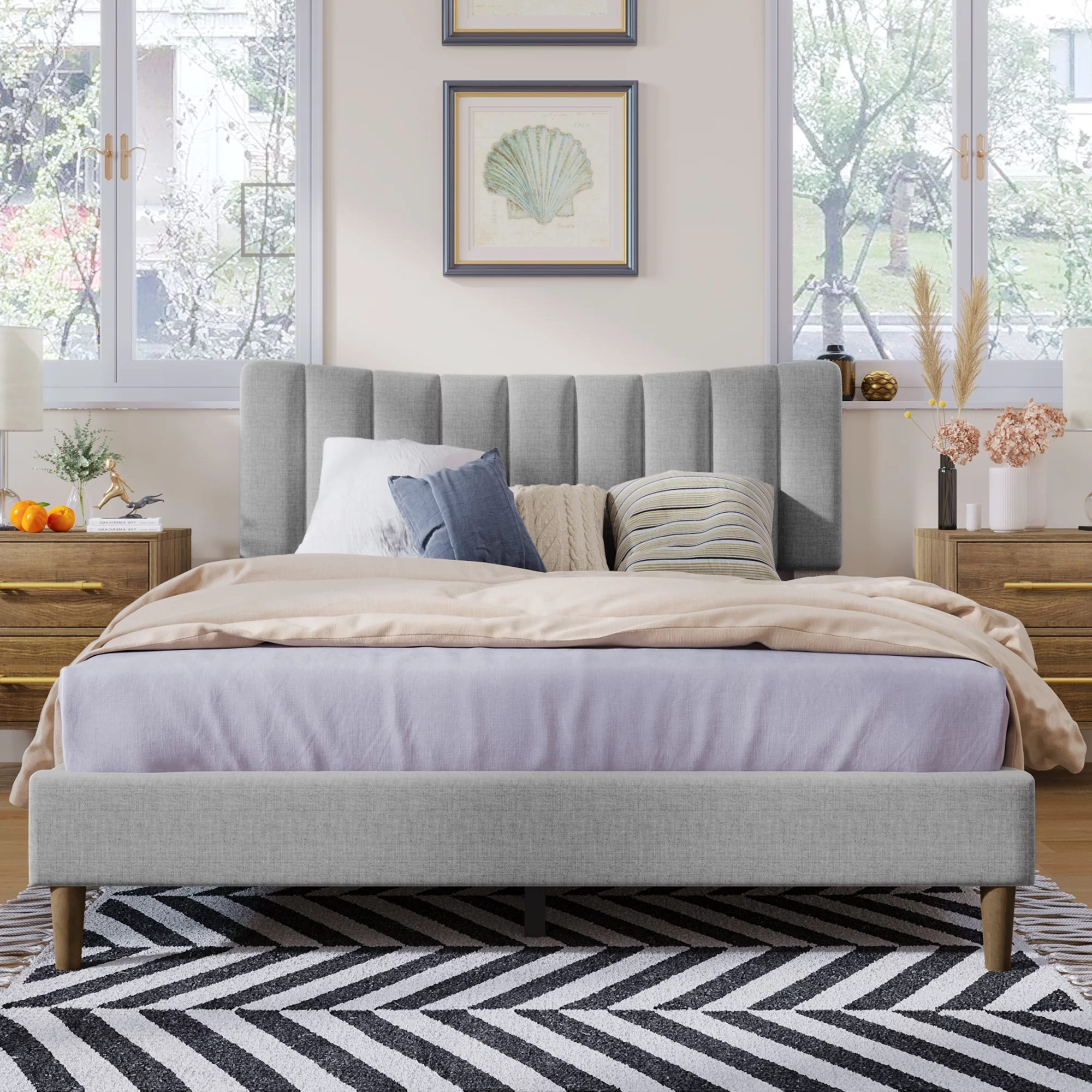 Dcenta Upholstered Platform Bed Frame with Vertical Channel Tufted Headboard, No Box Spring Needed, Queen,Gray