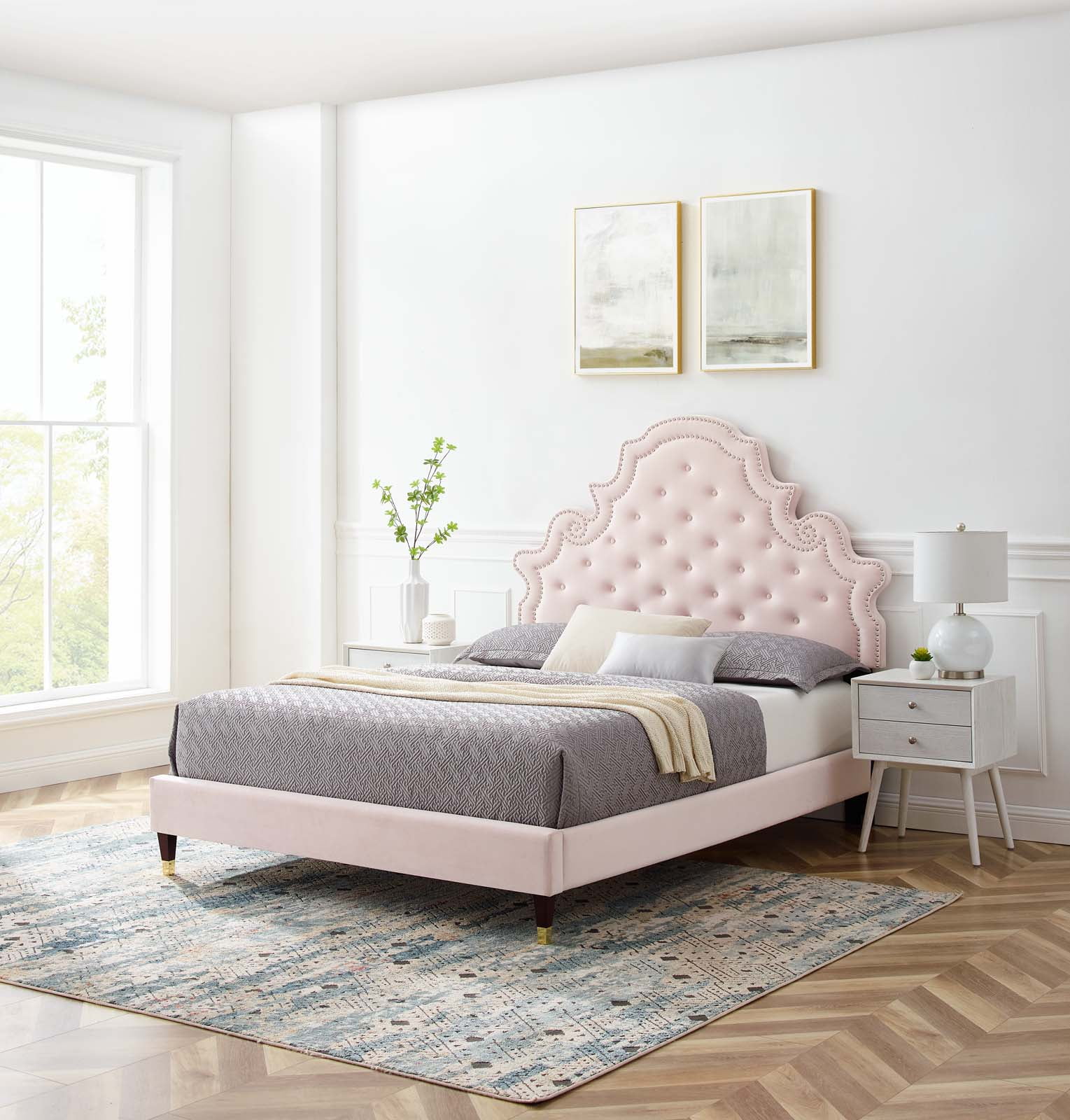 Modway Gwyneth Tufted Performance Velvet King Platform Bed in Pink