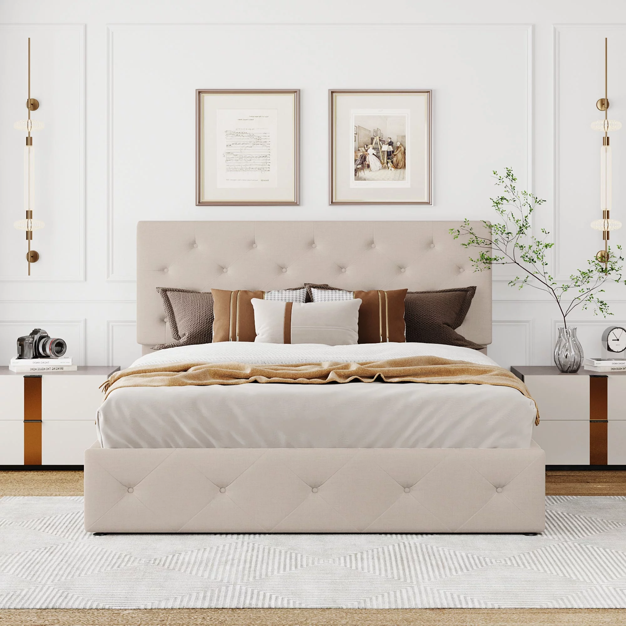 Regal Restful Retreat - Beige Upholstered Platform Bed with Hydraulic Storage
