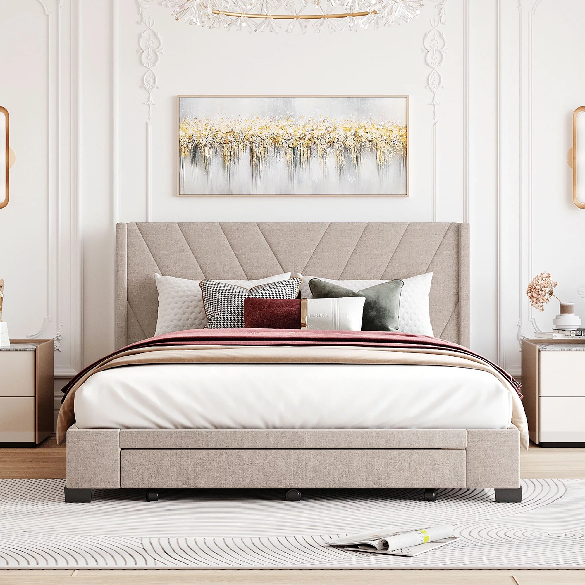 Linen Upholstered Queen Size Platform Bed with Storage Drawers, Wood Slat Foundation Bed Frame with Headboard Footboard, No Box Spring Needed