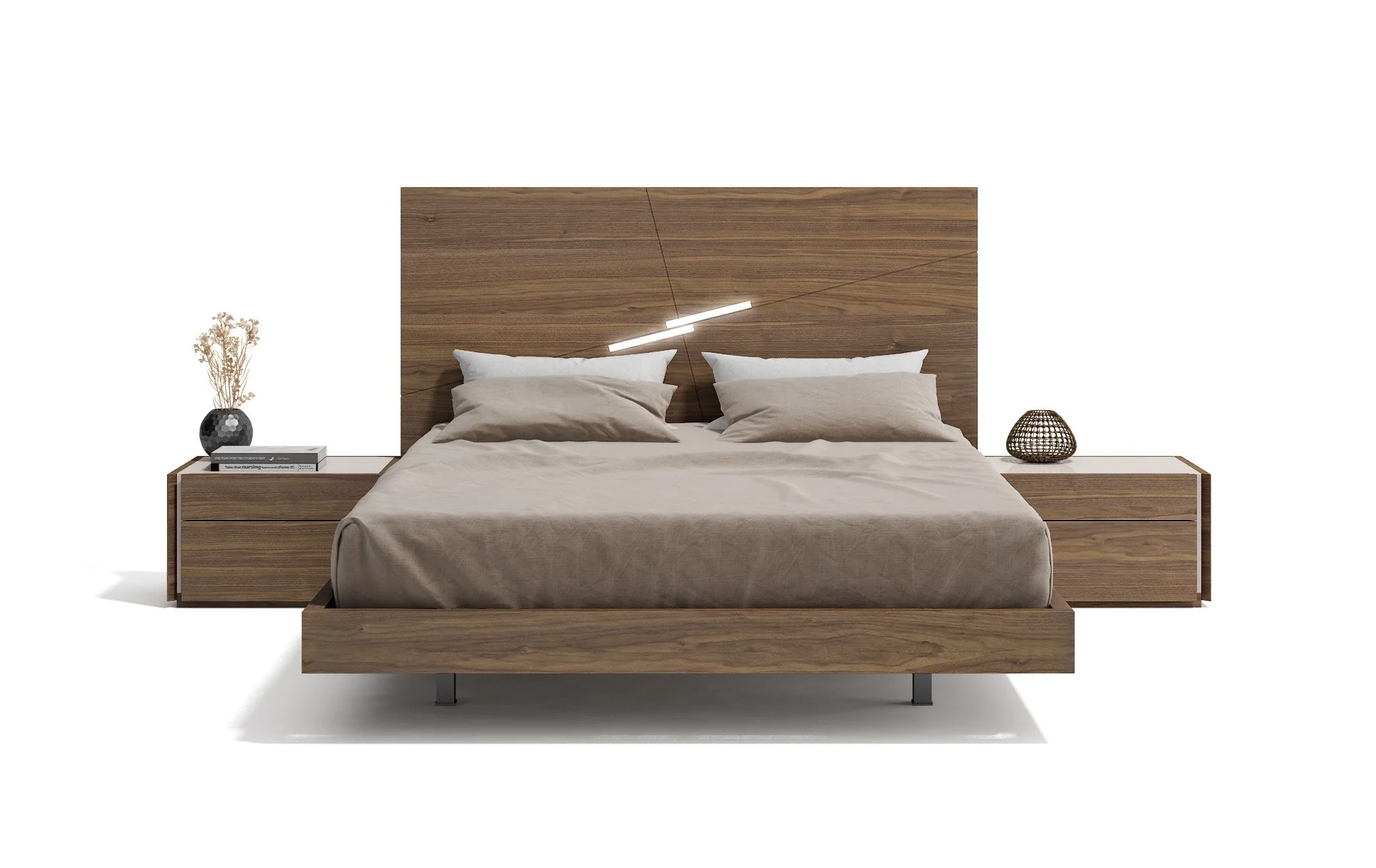 J&M Furniture Faro Premium Bedroom in Walnut with Light Grey with 6 piece king bed, chest, dresser, mirror and 2 nightstand, king bedroom set