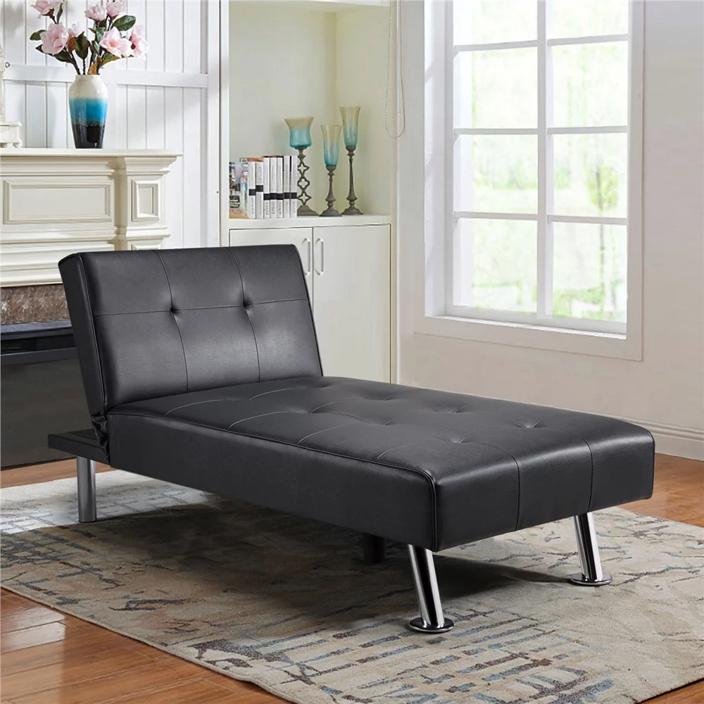 Yaheetech Faux Leather Chaise Lounge Convertible Futon Daybed With Chrome Metal Legs, Black