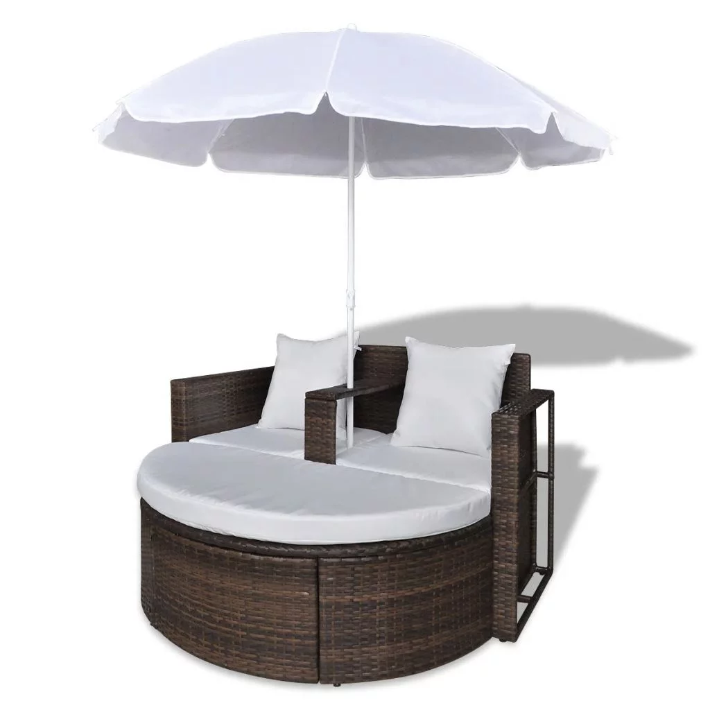 Andoer Garden Bed with Parasol Brown Poly Rattan