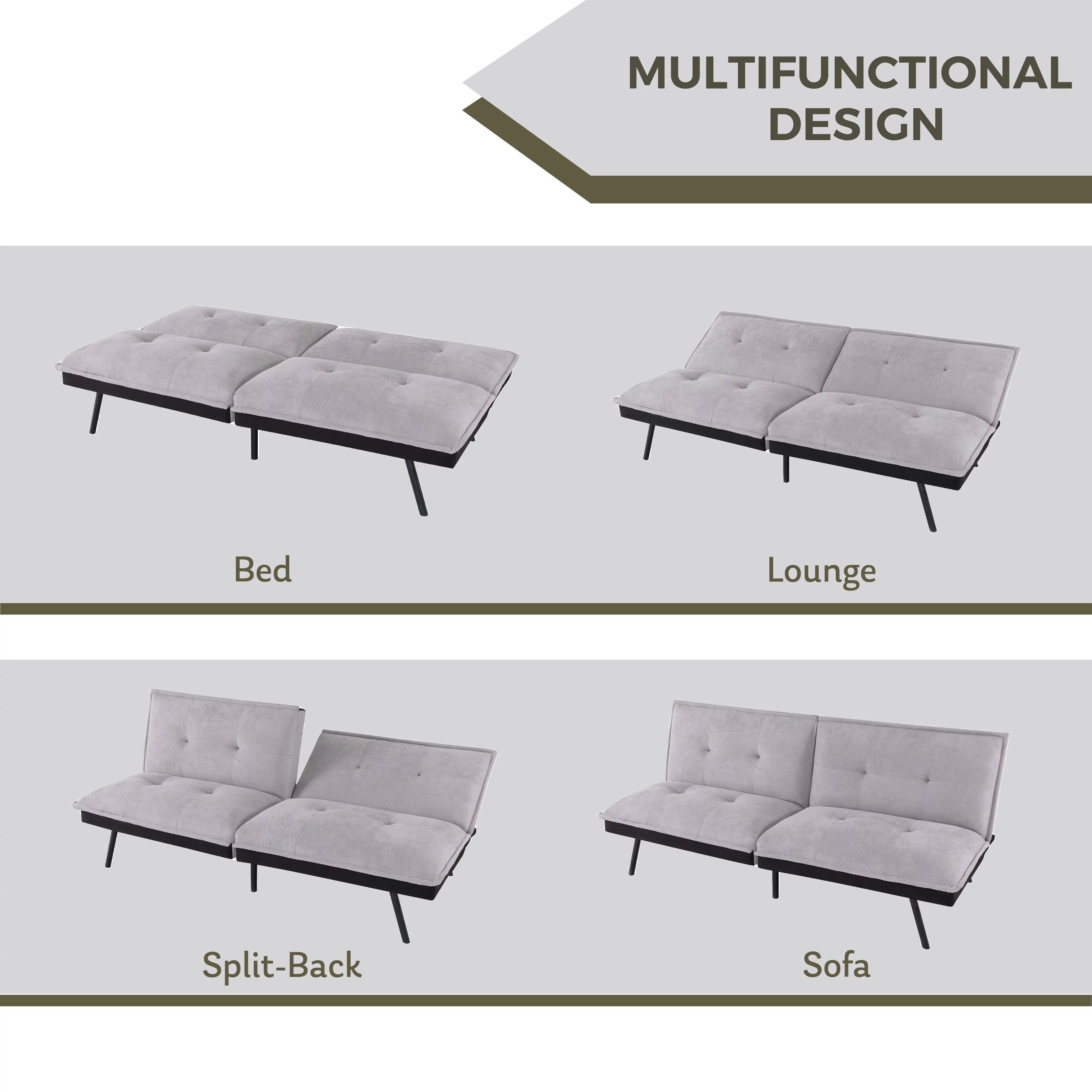 Convertible Memory Foam Futon Sofa Bed Couch, Gray