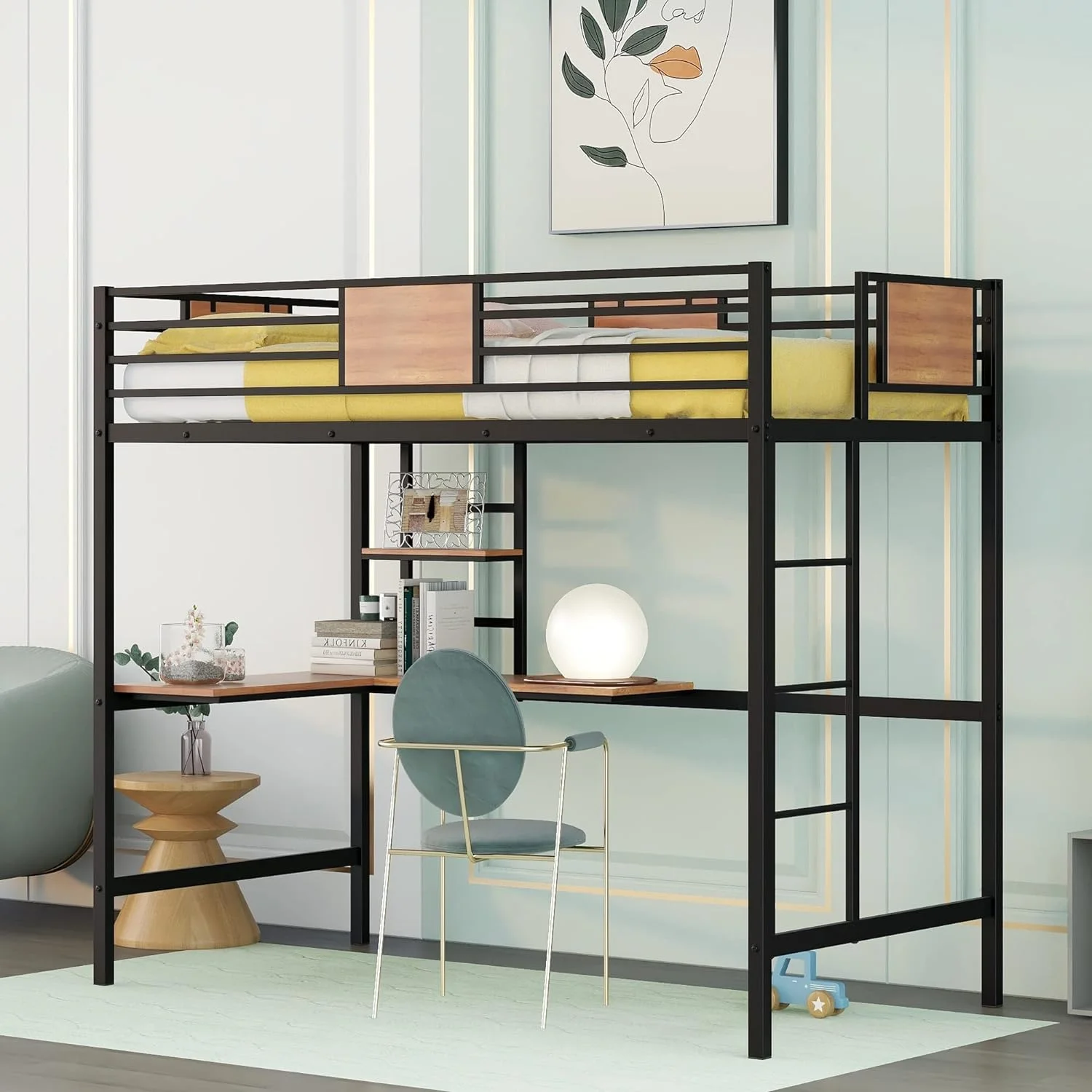 Size Metal Loft Bed Frame, Loft Bed With L-Shape Desk Ad Shelves, Space Savig Loft Bed With Desk Udereath For Kids,Tees,Black