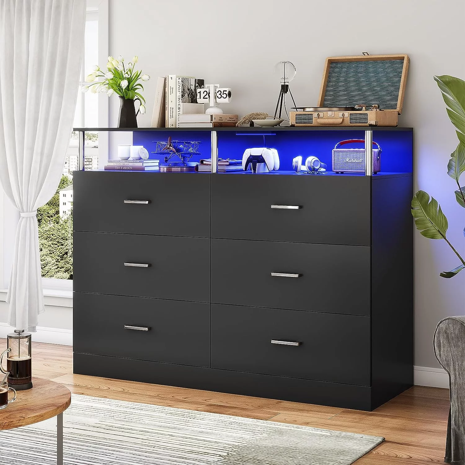 Afuhokles Black 6 Drawer Dresser for Bedroom with Column Design, Charging Station, Modern Bedroom Led Long Dresser