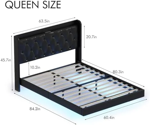 LLBIULife Full Size Floating Bed Frame with LED Lights  Upholstered PU Leather Platform Bed with Charging Station & Button Tufted Headboard   No Box Spring Needed  Black