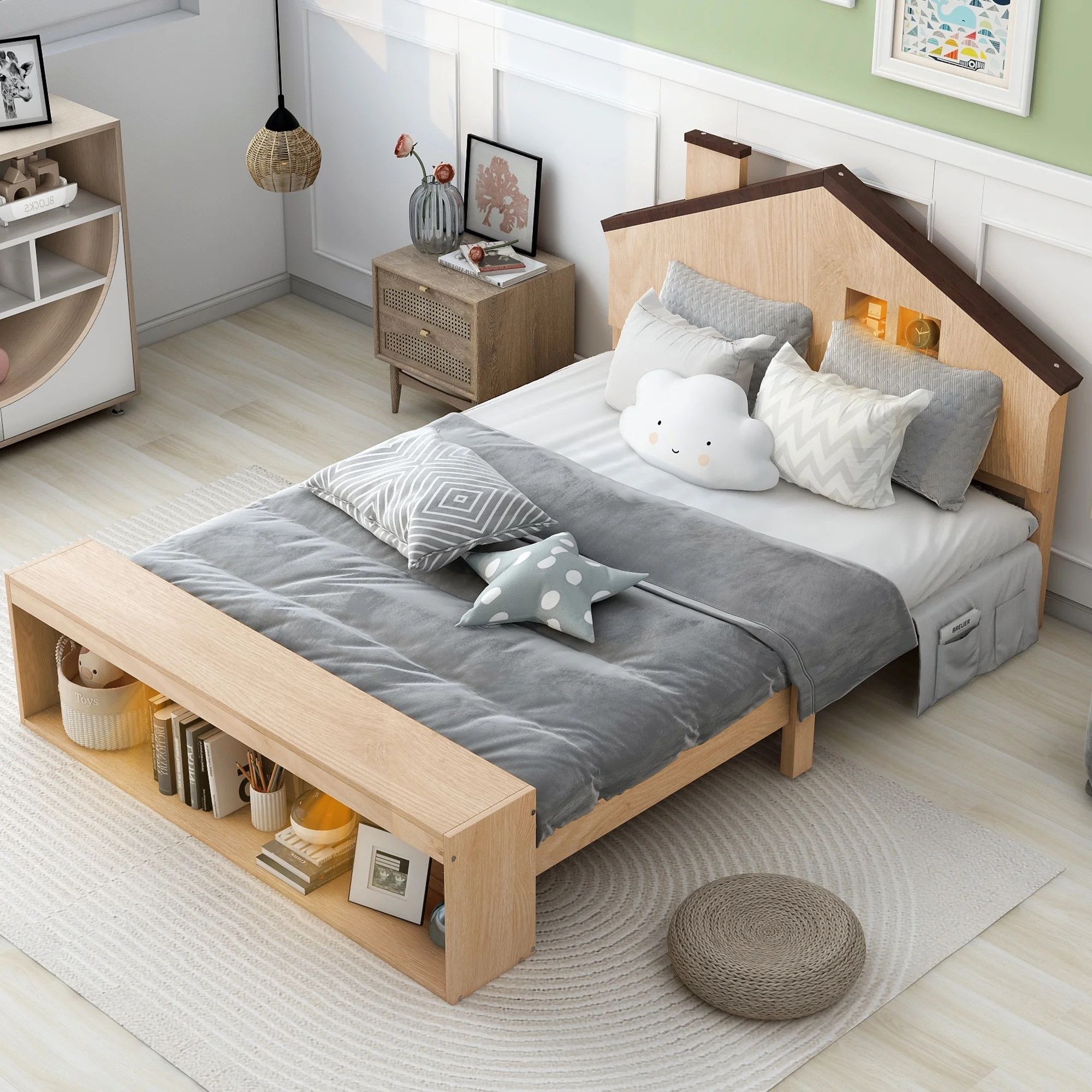 Full Size Platform Bed with Multi-storage Space, Solid Wood Daybed with House Design Decor for Kids Teen Boys Girls, Easy Assembly, Wood Slat Support