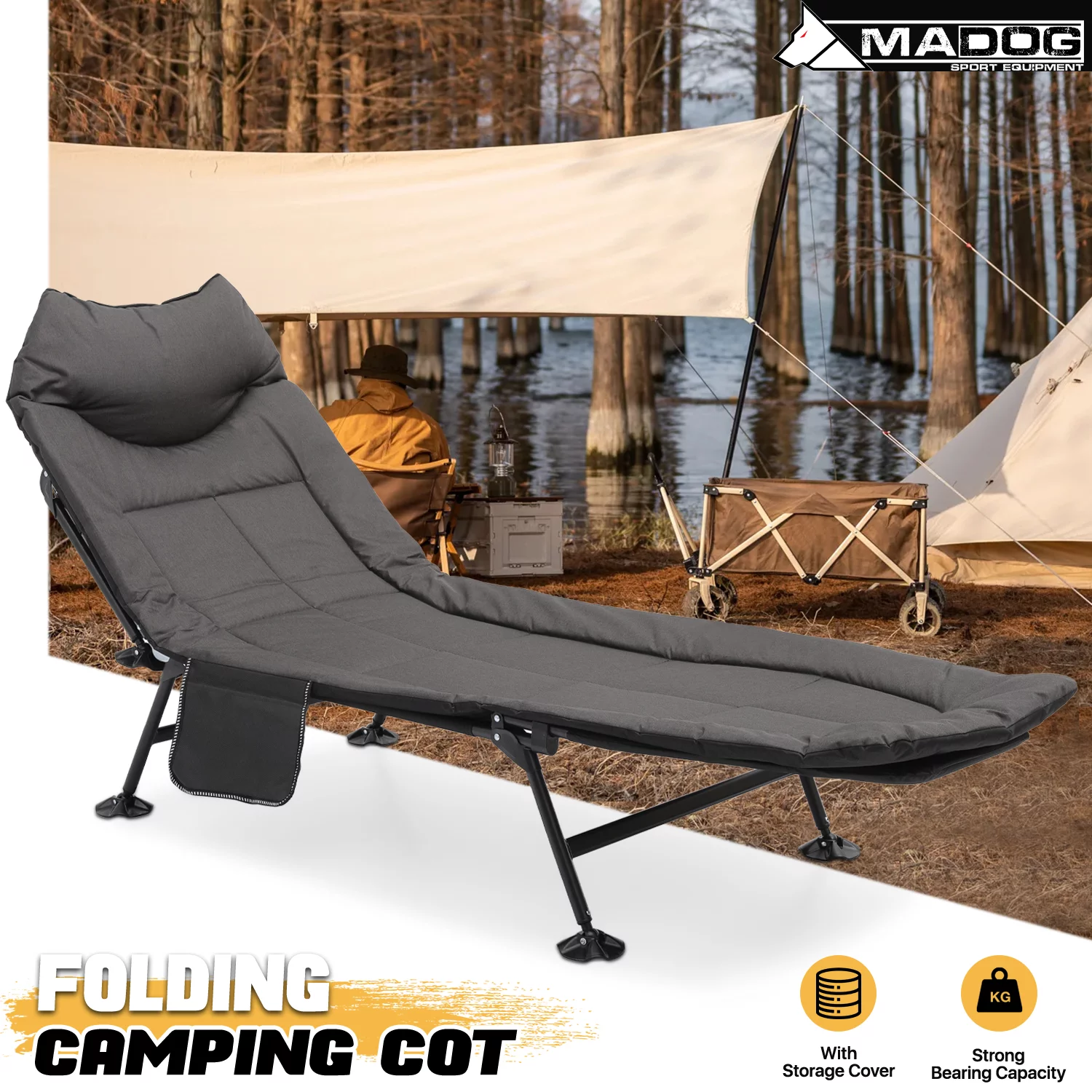 MADOG Folding Camping Cot with Mattress, Portable Travel Padded Camp Cot with Side Pocket, Adjustable Angle Sleeping Bed with Carry Bag for Home Office Nap Outdoor, Black