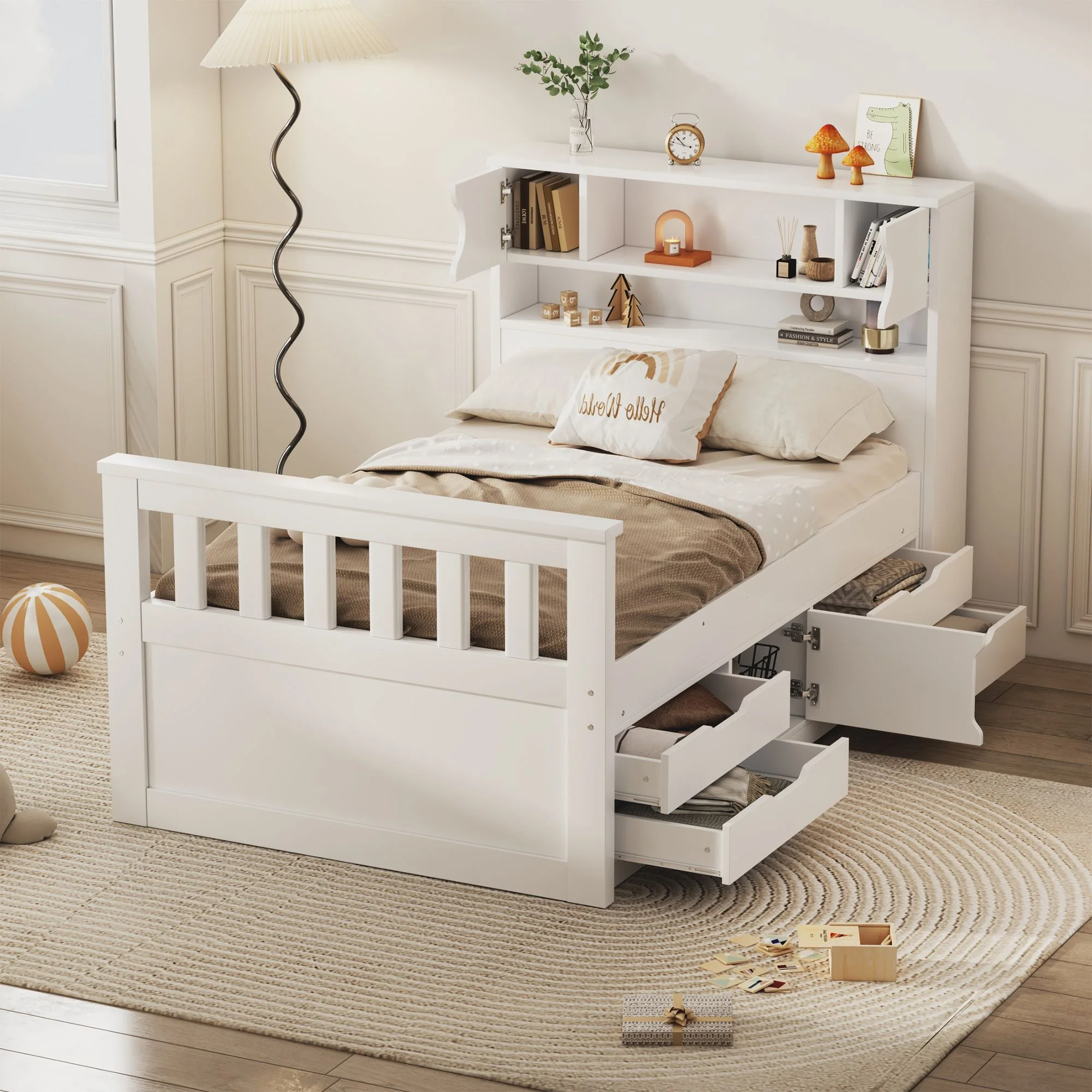 Twin Size Solid Captain Wood Bed Frame with Storage Bookcases and Shelves,Four Drawers, Platform Bed Frame, Mid Century Bedframe, Wood Foundation(White, Twin)