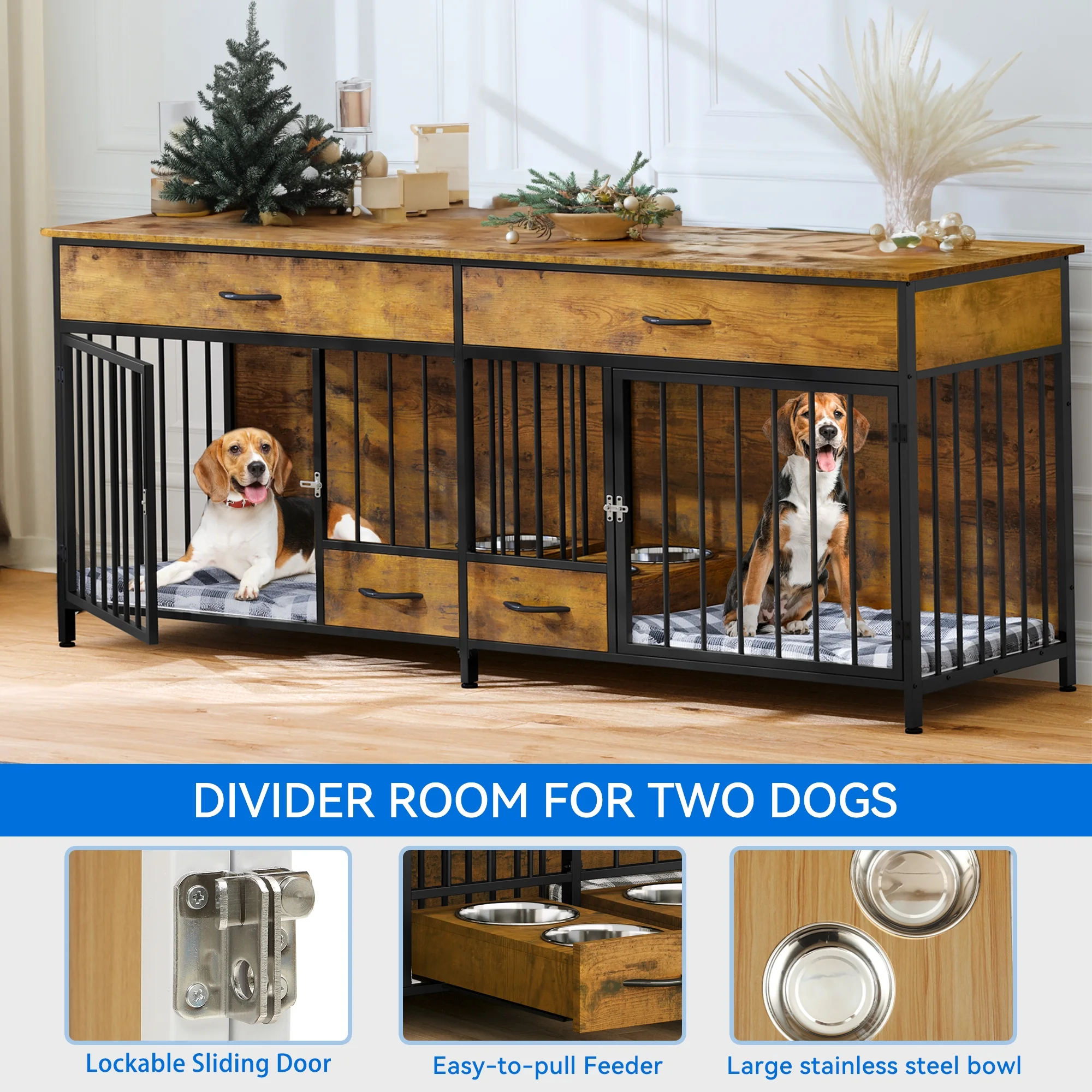 Dextrus Dog Crate Furniture Large Breed with Dog Feeder, 74.8