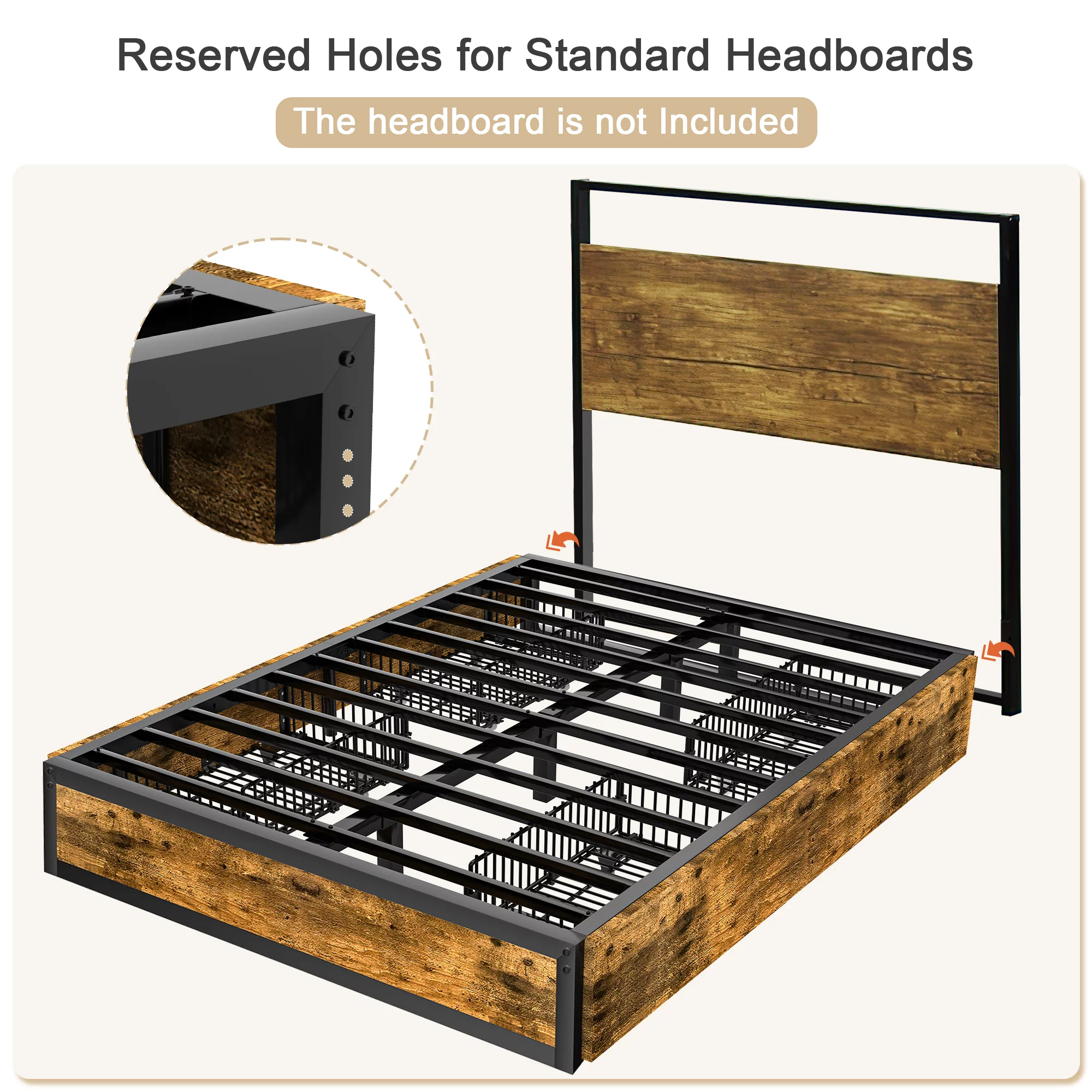 Codesfir Full Bed Frame with 4 XL Storage Drawers, Industrial Metal Platform Queen Bed Frame with Footboard, Noise-Free, No Box Spring Needed, Easy Assembly, Space Saving, Vintage Brown