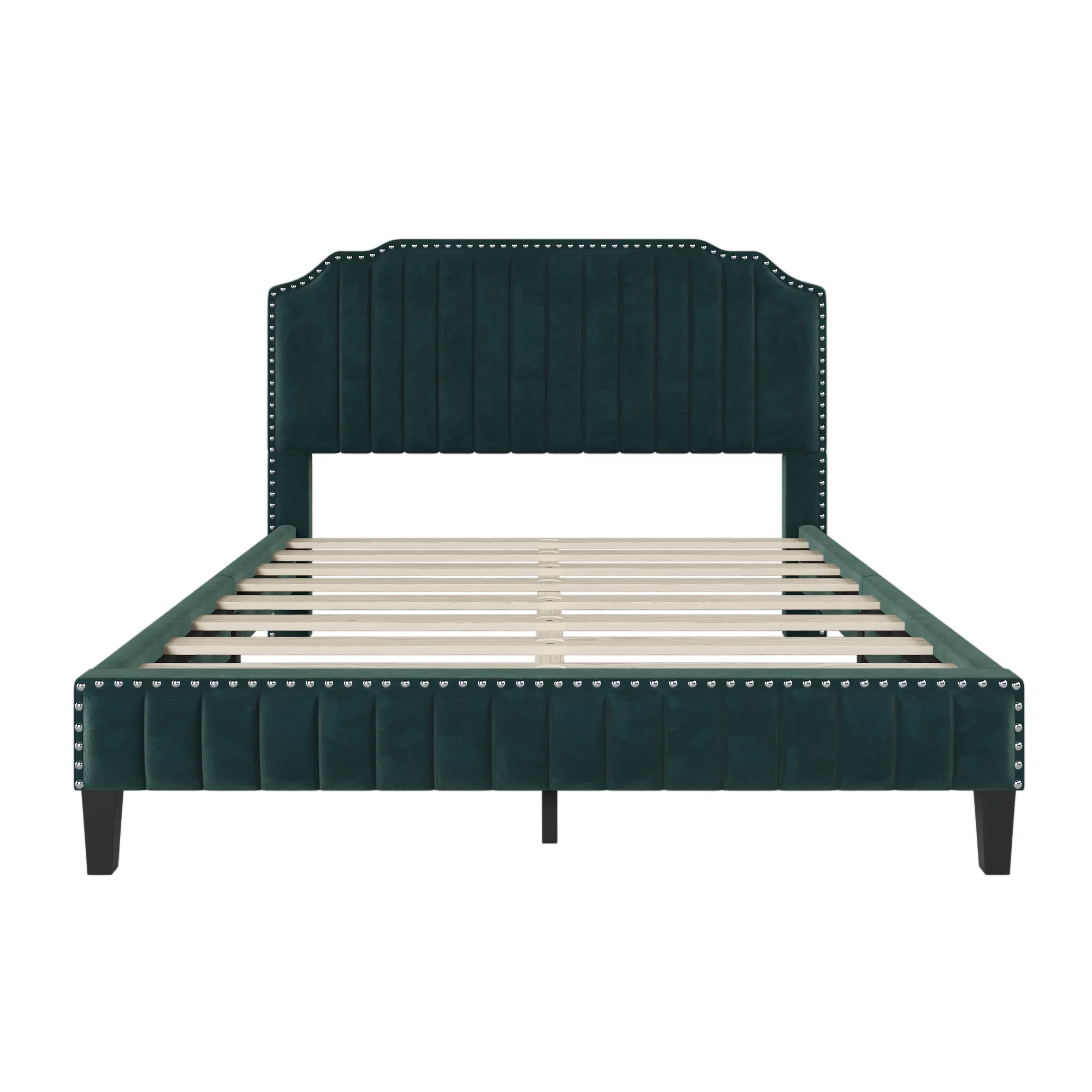 LYPER Modern Velvet Curved Upholstered Platform Bed , Solid Wood Frame , Nailhead Trim, Green(Queen)