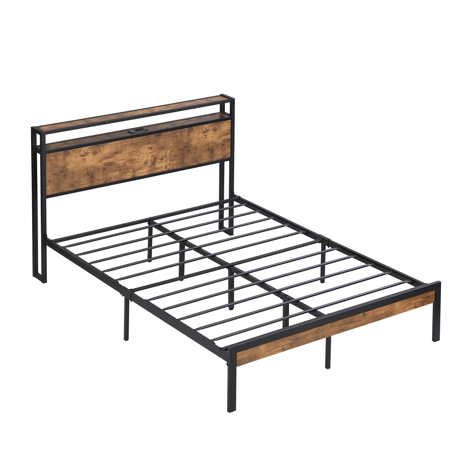 BIGWOO Metal Bed Frame Platform with Wooden Footboard Build-in 2 USB Ports King Size