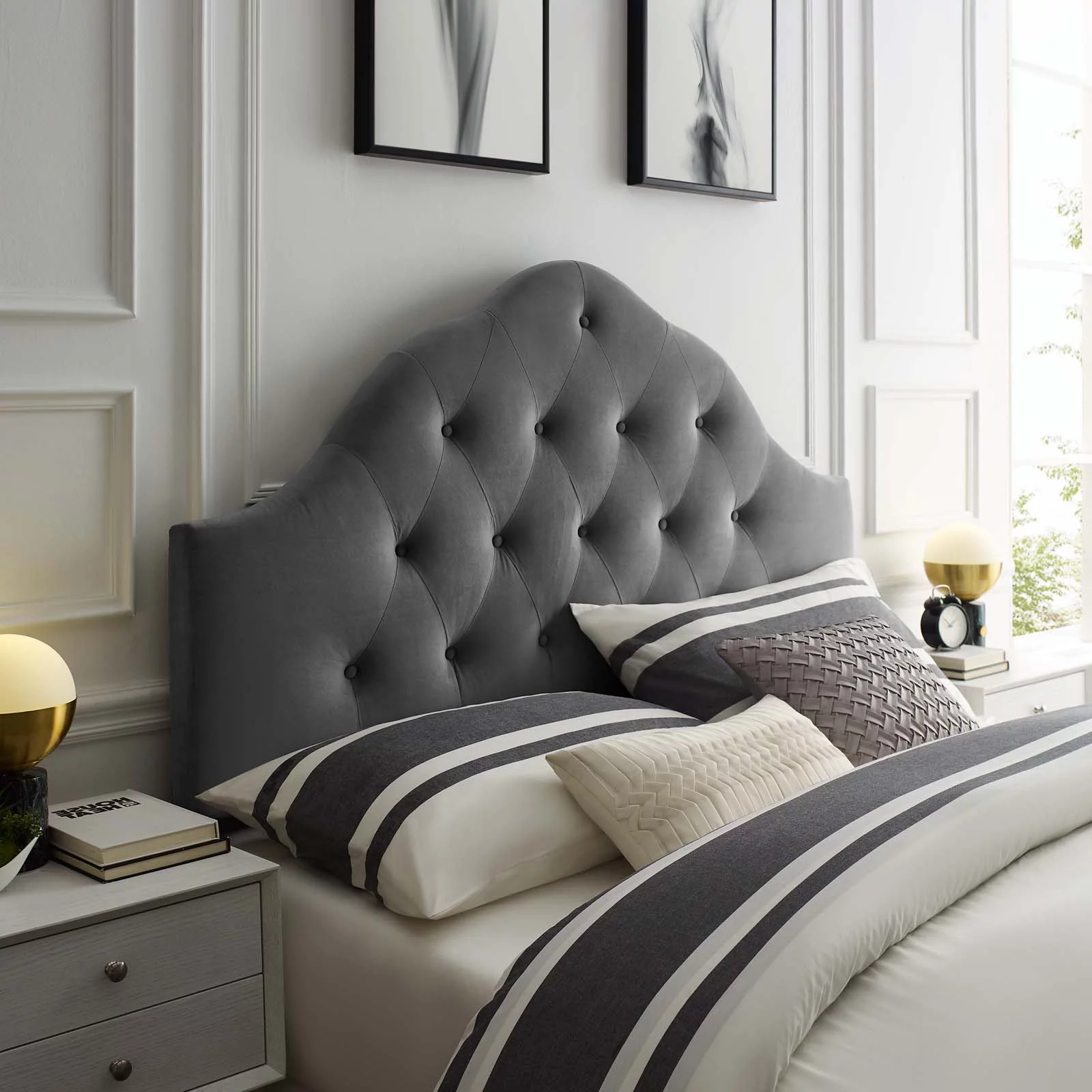 Contemporary Modern Urban Designer Bedroom Full Size Tufted Headboard, Velvet Fabric, Grey Gray