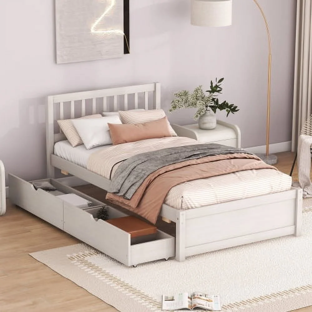 Modern Design Twin Size Wood Bedroom Furniture with 2 Drawers for Boys and Girls, Wooden Platform Bed Frame for Kids Teens Adult, White Washed Color