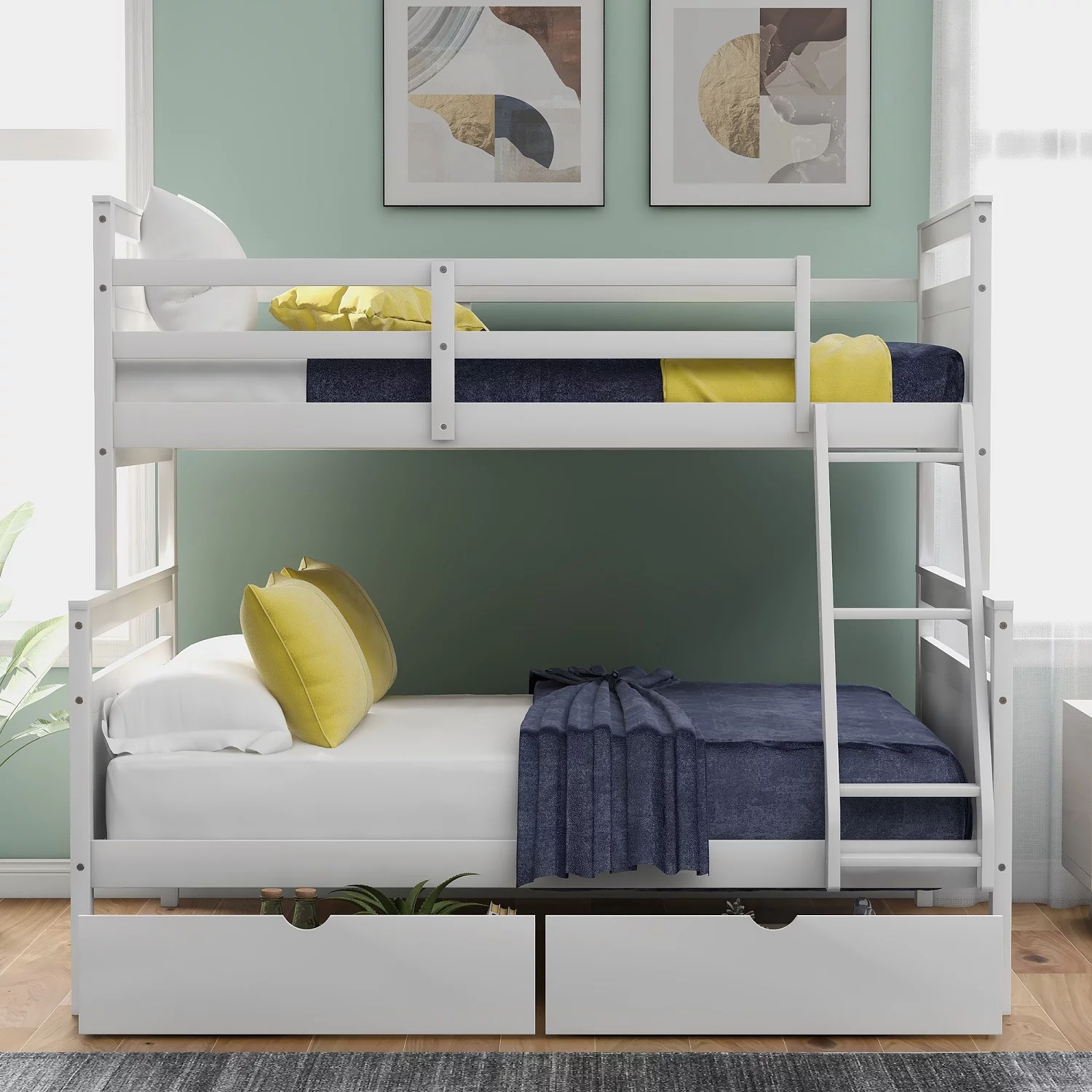 Solid Wood Bunk Beds Twin Over Full with Two Storage Drawers Ladder and Guard Rail Perfect for Kids Bedroom