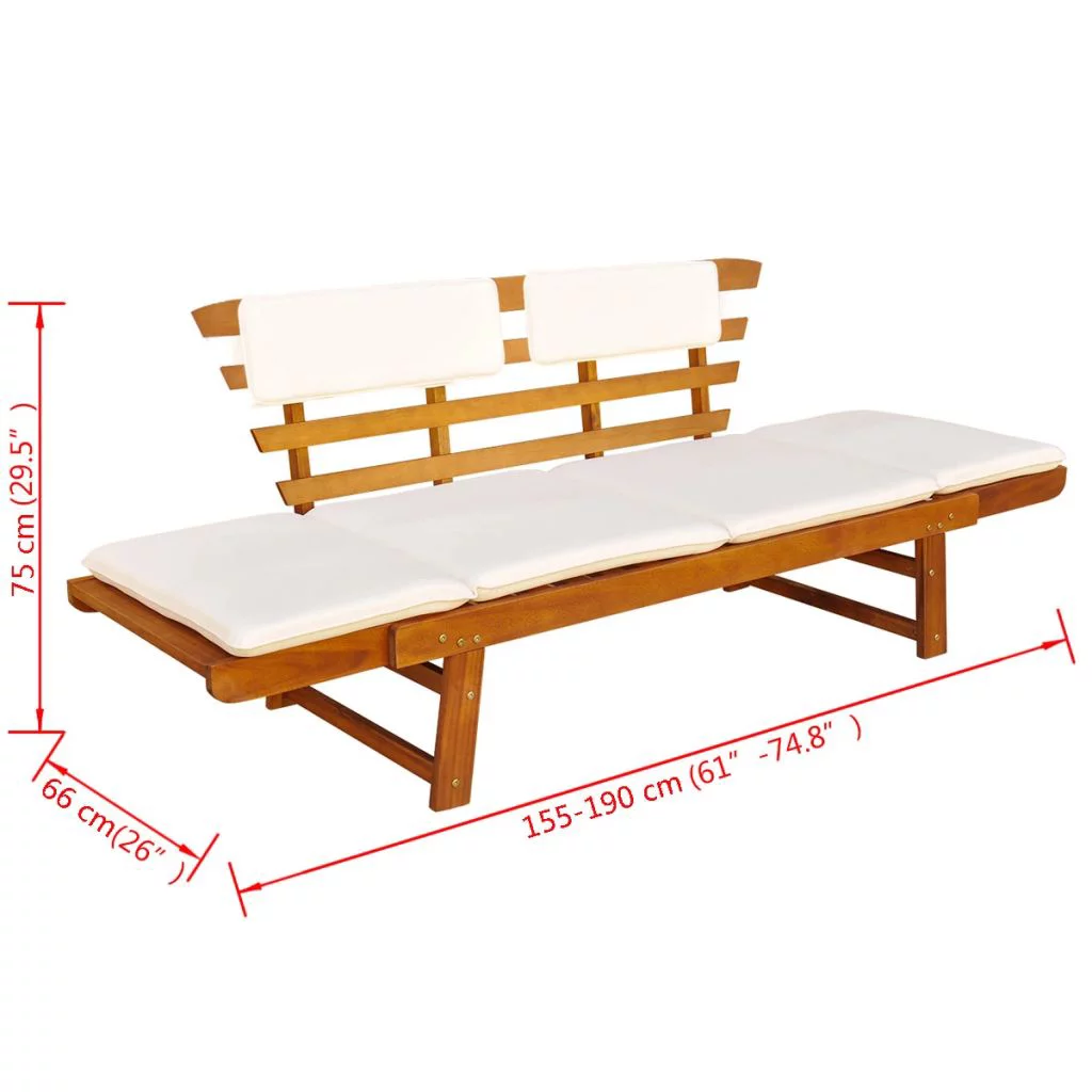 Anself Outdoor Bench 2-in-1 Convertible Day Bed with Cushion Both Side Adjustable Acacia Wood Garden Bench for Backyard, Balcony, Lawn, Poolside Furniture