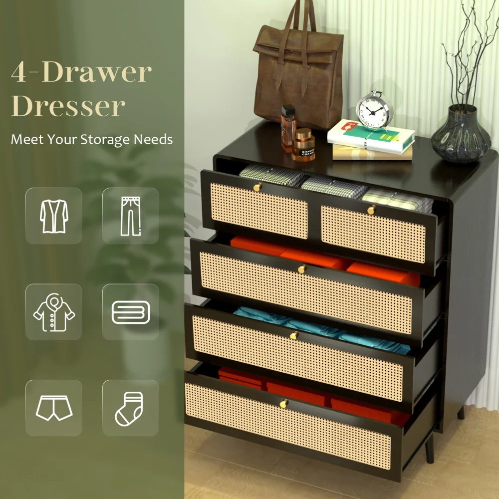 4 Drawer Dresser Rattan Wood Dresser Chest of Drawers Large Storage Cabinet with Metal Handles Accent Side Cabinet with Storage for Bedroom, Living Room, Hallway