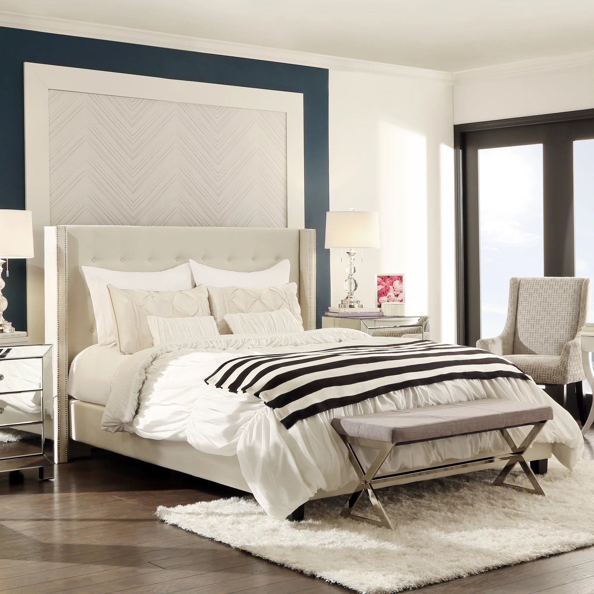 Weston Home Curtis I Upholstered Queen Bed with Wingback Nailhead Headboard, Cream White