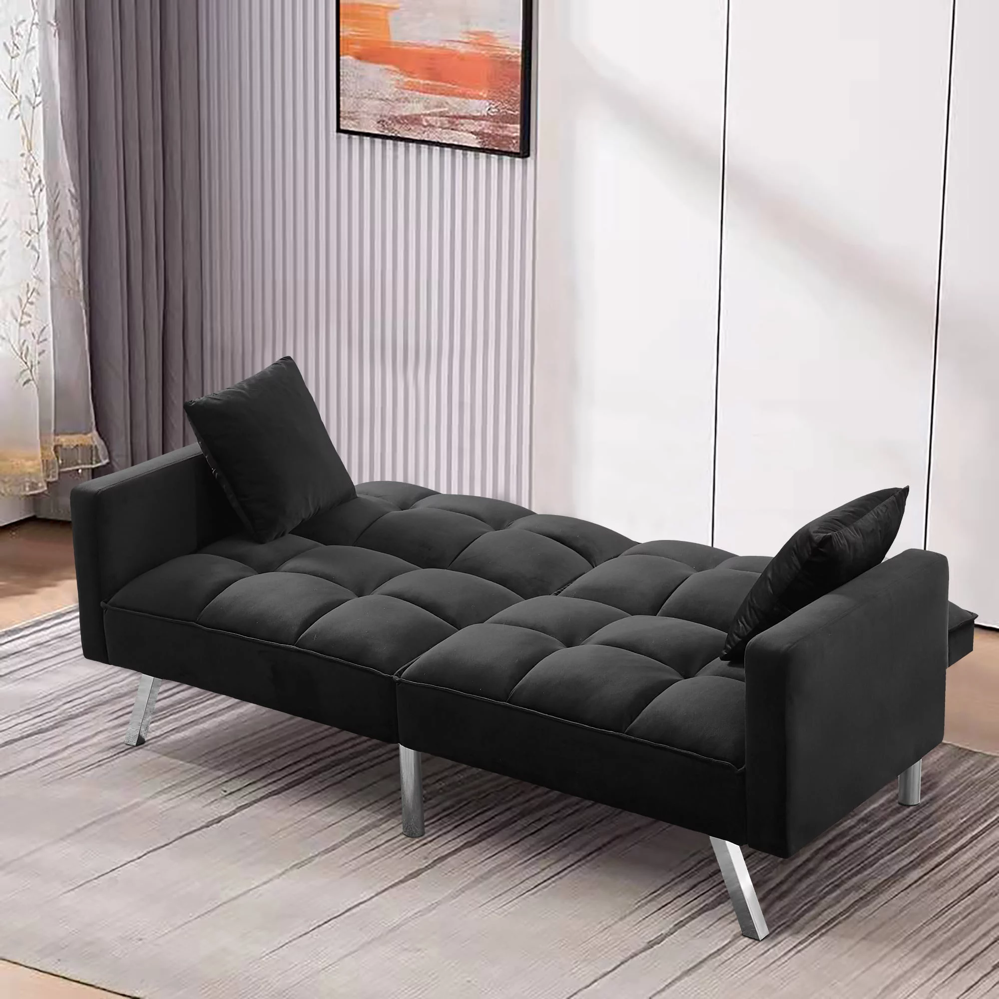 BSHTI Convertible Sofa Bed,Velvet Futon Sofa ,Sleeper Couch with Armrest and 2 Pillows for Living Room,Office( Black)