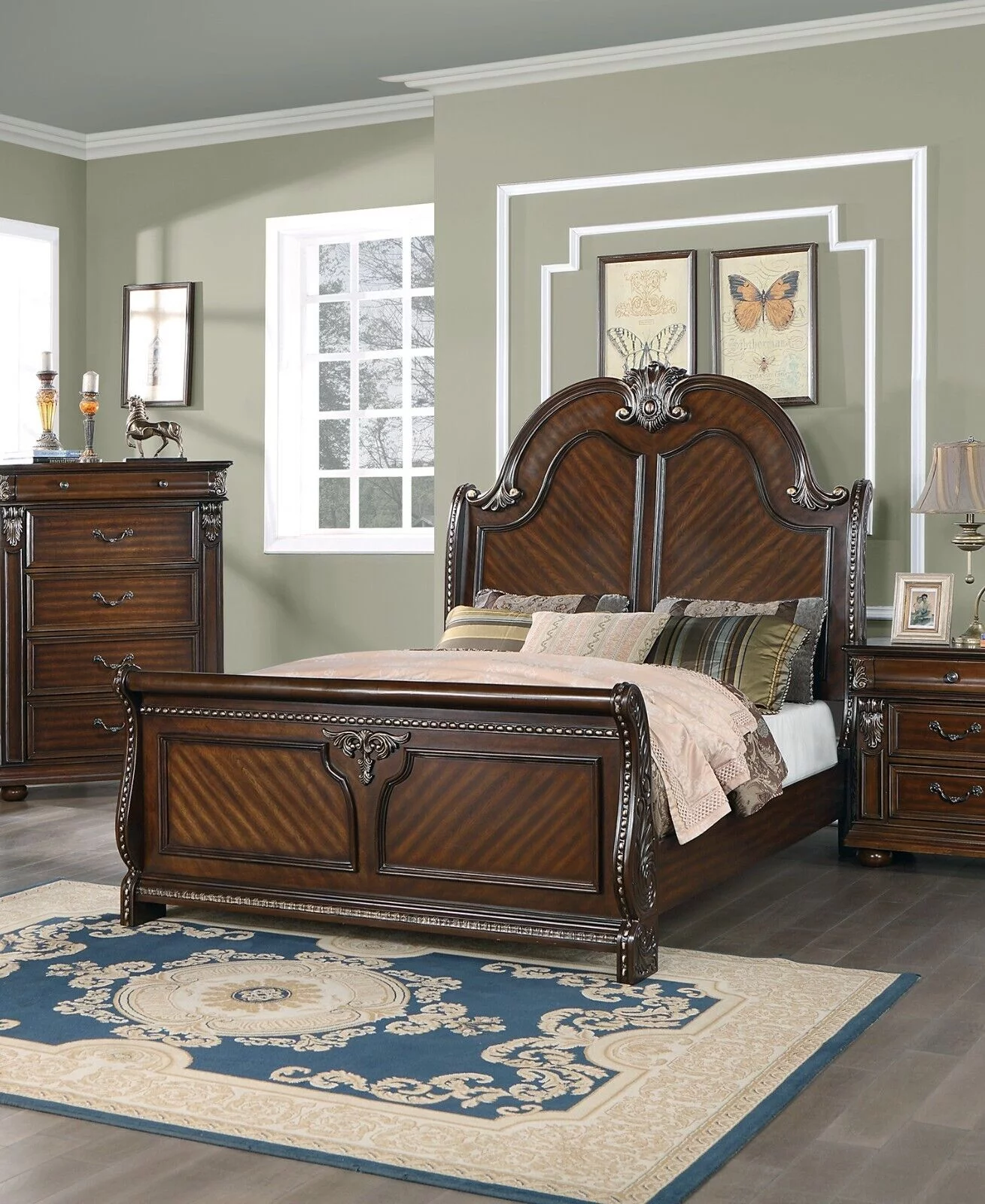 Luxurious Formal Brown Cherry 1pc Eastern King Size Bed Bedroom Furniture Sleigh Design Headboard Footboard MDF Veneer
