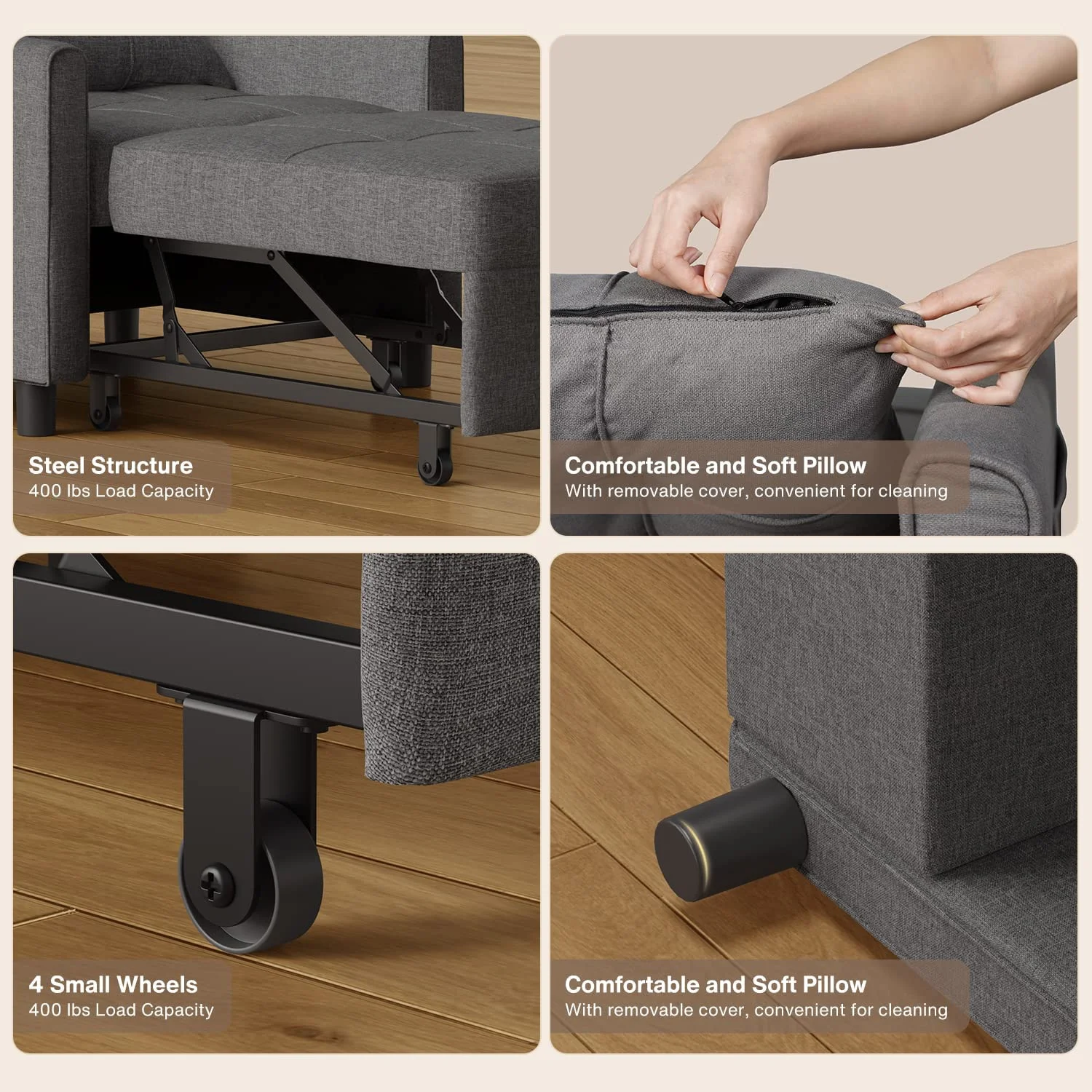 Convertible Chair Bed 3 in 1, Lofka Sleeper Sofa Bed with Adjustable Backrest for Office & Bedroom, Dark Gray