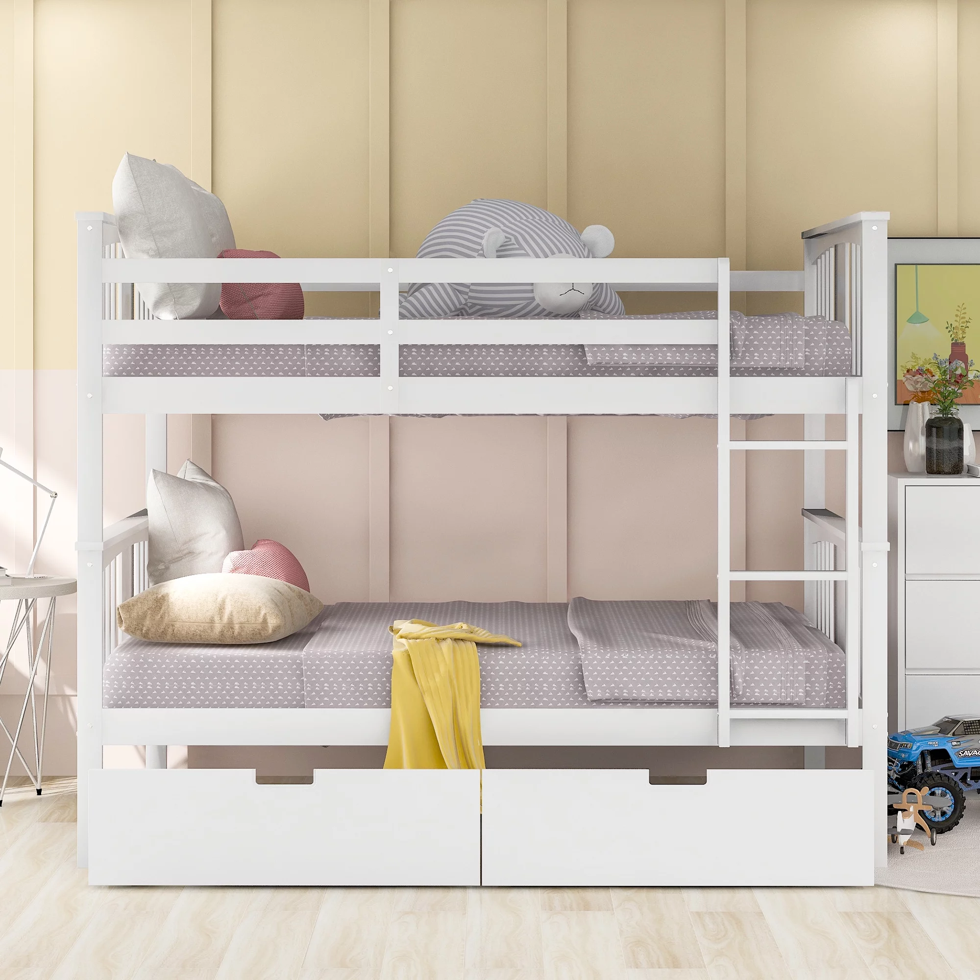Dcenta Full over Full Bunk Bed with Drawers and Ladder for Bedroom, Guest Room Furniture-White