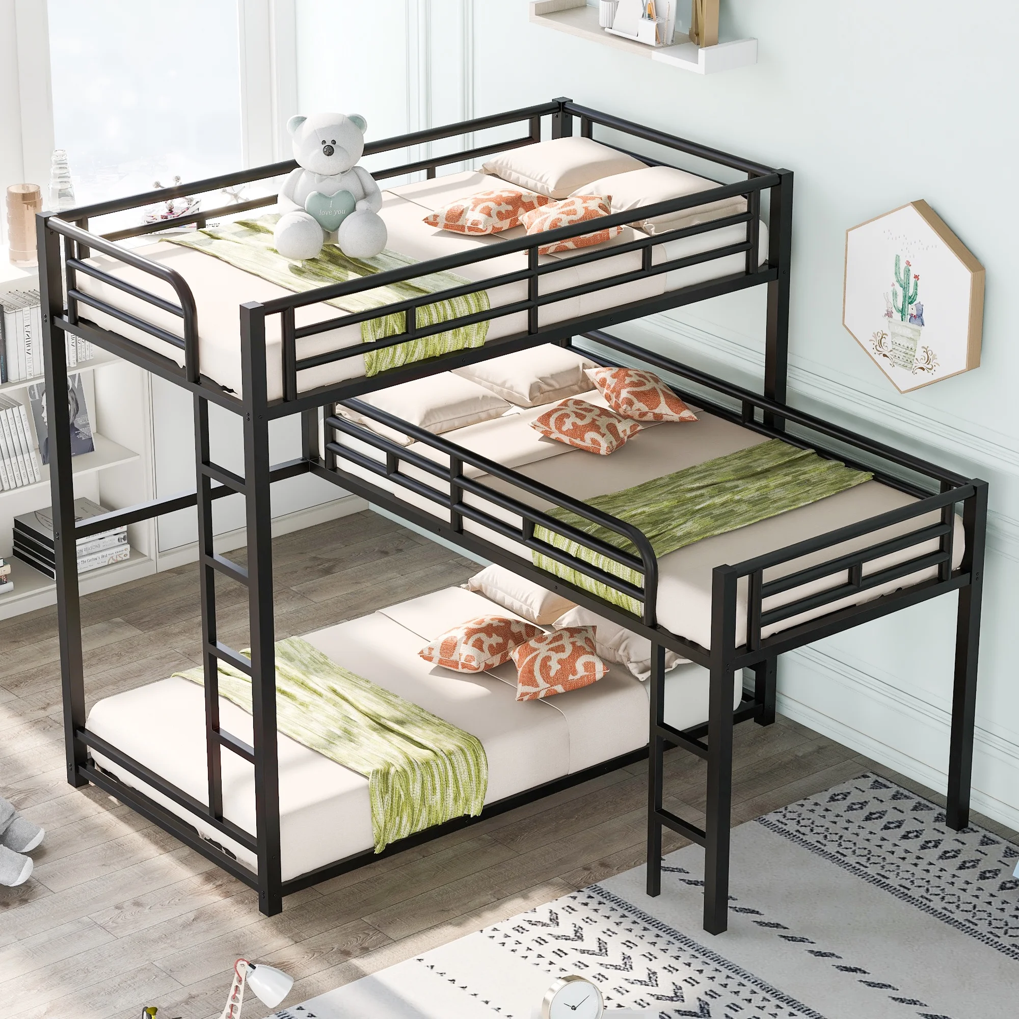 Euroco Metal Twin Size 3-in-1 Triple Bunk Bed, Twin over Twin over Twin Bed for Kids Room, L-Shaped Three Beds with Ladders and Safety Guardrails for Limited Rooms, Black