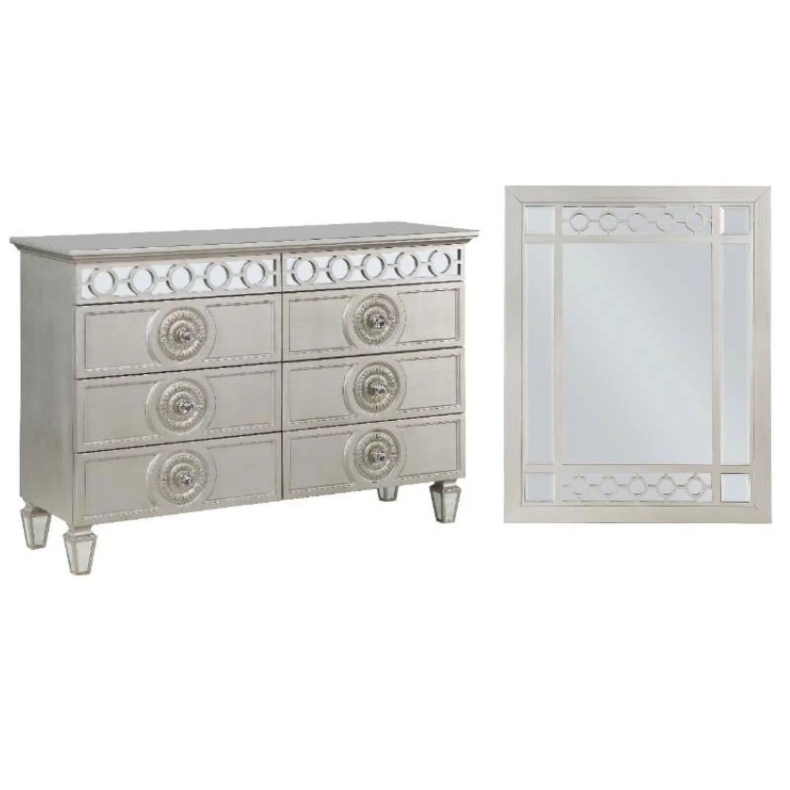 Home Square 2-Piece Set with 6 Drawers Dresser & Wooden Frame Mirror in Silver