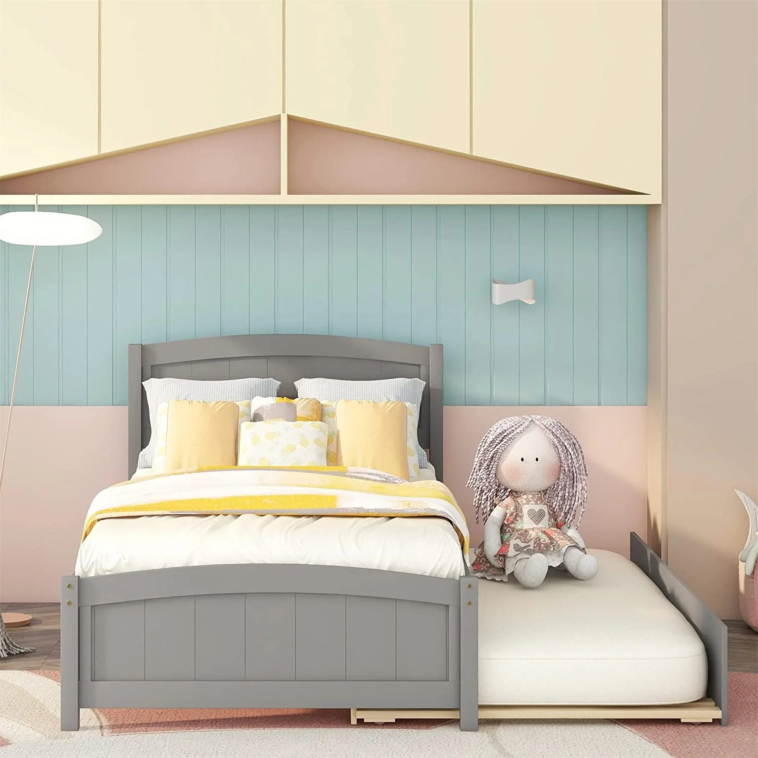 Bed Frame With Trundle, Wood Bed With Headboard, Size Platform Bed With Pull Out Trundle For Kids, Guest Room, Small Living Space, No Box Spring Needed, Grey