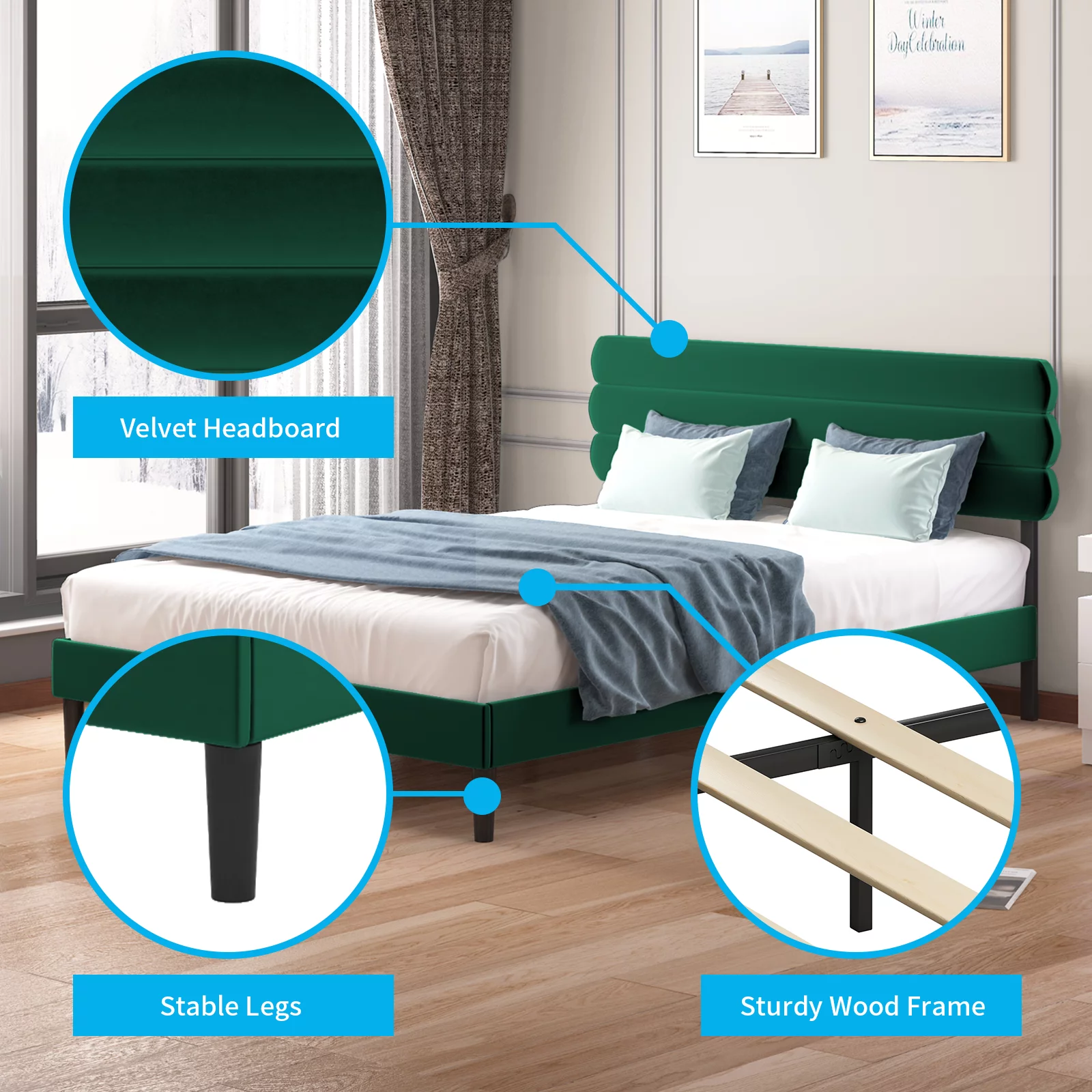 Mjkone Modern King Size Platform Bed Frame with Adjustable Upholstered Headboard,Wood/Metal Frame,Green Velvet Fabric