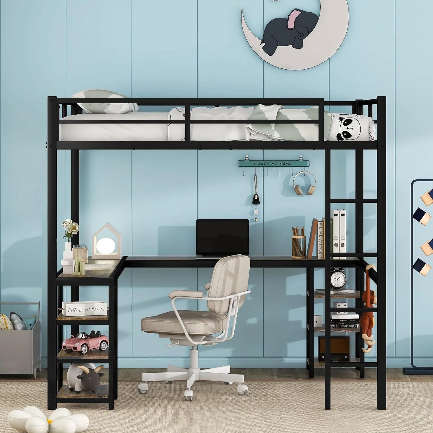 Full Metal Loft Bed With Desk And Shelves, Loft Bed Frame With Built-In Ladders And Guardrails For Teens & Adults, No Box Spring Needed(Black)