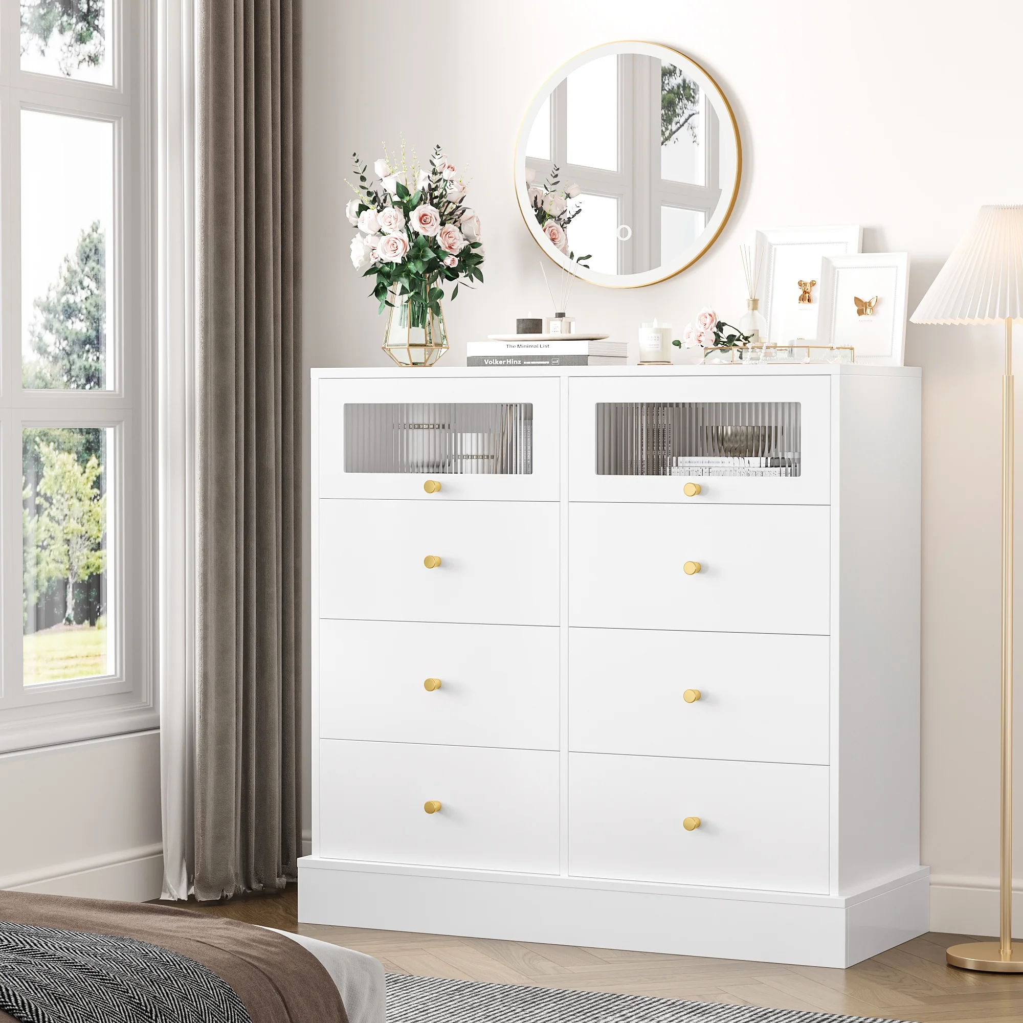 Homfa 8 Drawer Double Dresser for Bedroom, Wood Chest of Drawers Storage Cabinet with 2 Glass Doors & Sturdy Base, White