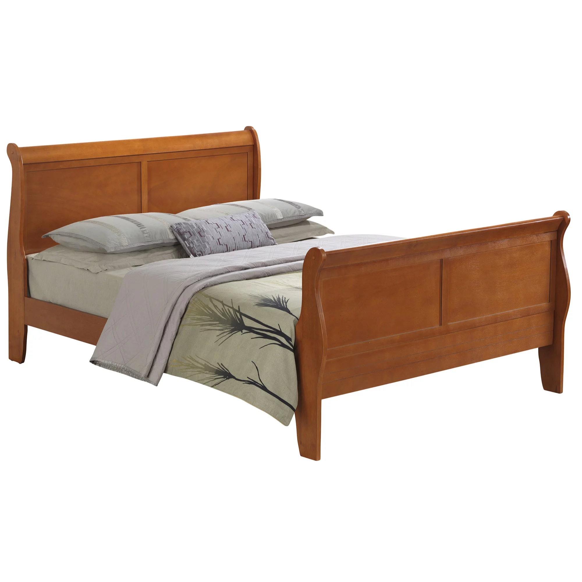 Passion Furniture Louis Philippe Sleigh Wood Bed with High Footboard, Oak - King Size