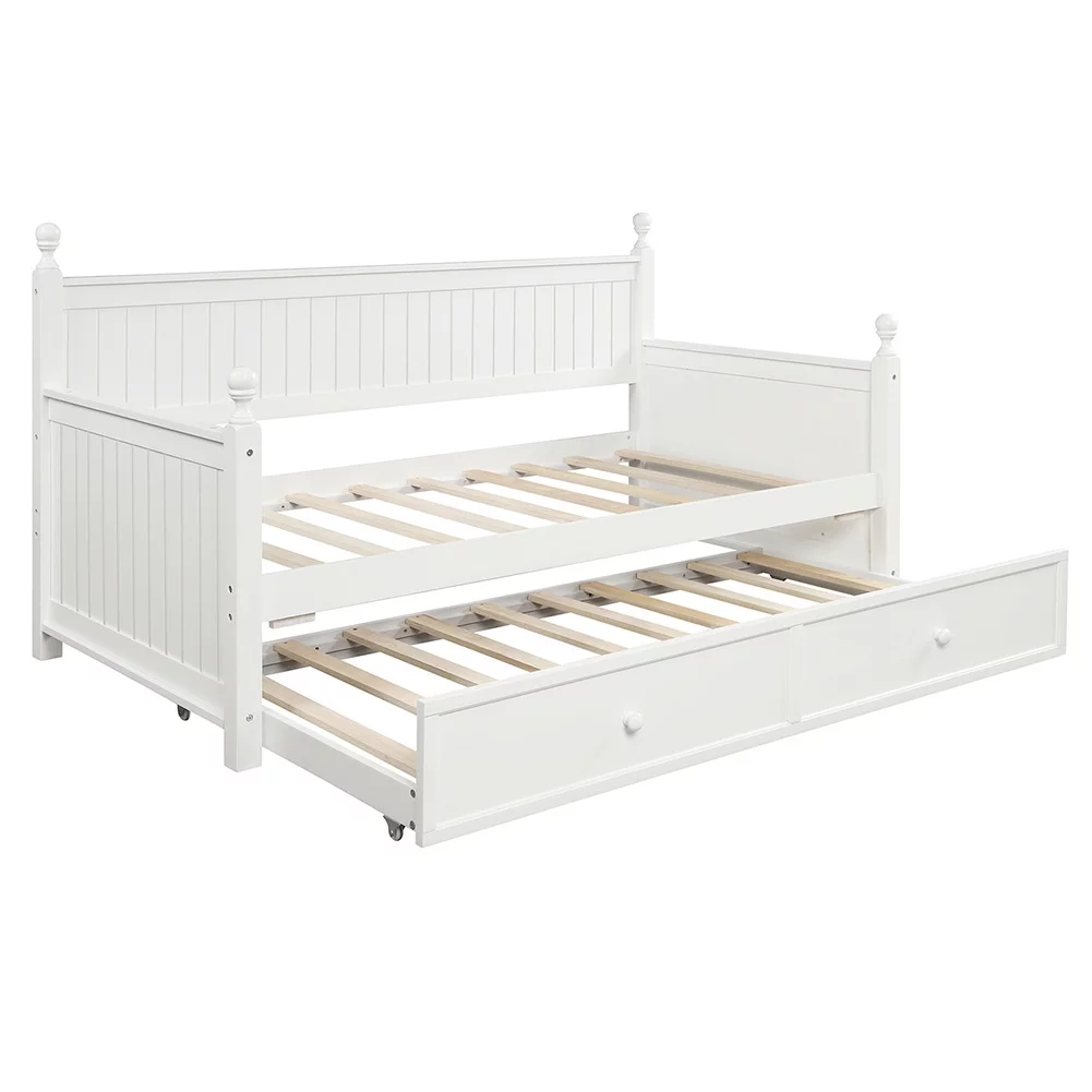 Wood Twin Size Daybeds with a Trundle, Twin Size Daybed Bed Frame for Living Room, Bedroom, Guest Room, White