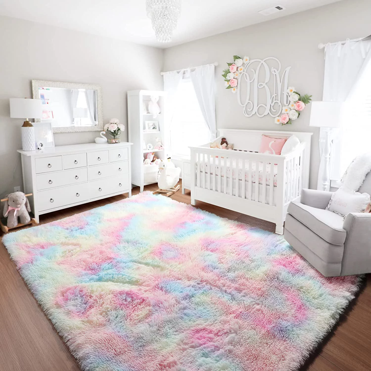 Junovo Soft Rainbow Area Rugs for Girls Room, Fluffy Colorful Rugs Cute Floor Carpets Shaggy Playing Mat for Kids Baby Girls Bedroom Nursery Room,6'x9',Rainnbow