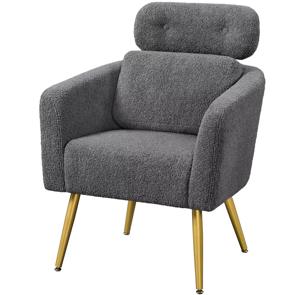 Easyfashion Boucle Barrel Accent Chair with Adjustable Headrest,Dark Gray