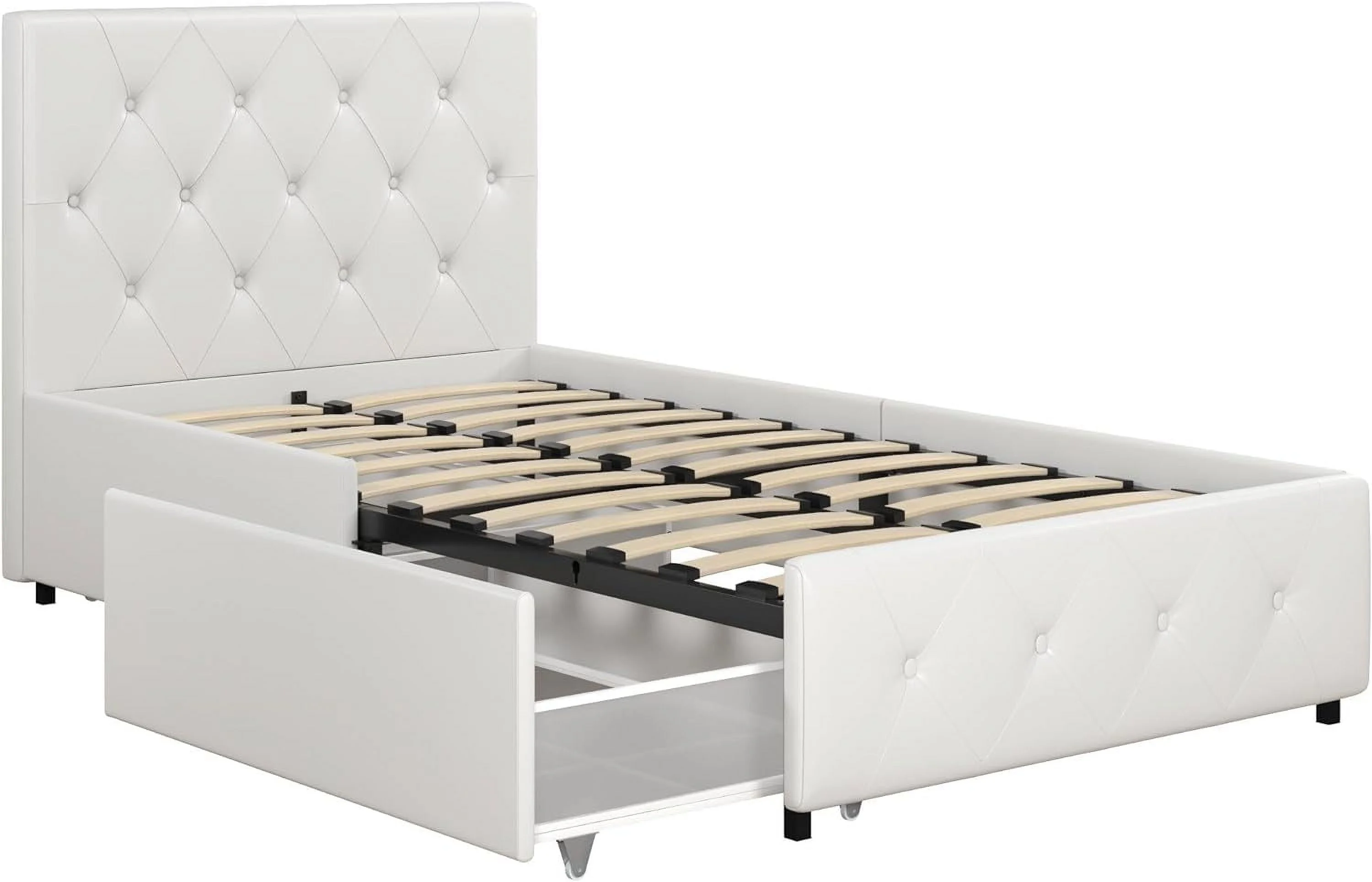 LIHONG Upholstered Platform Bed with Underbed Storage Drawers and Diamond Button Tufted Headboard and Footboard, No Box Spring Needed, Twin, White Faux Leather