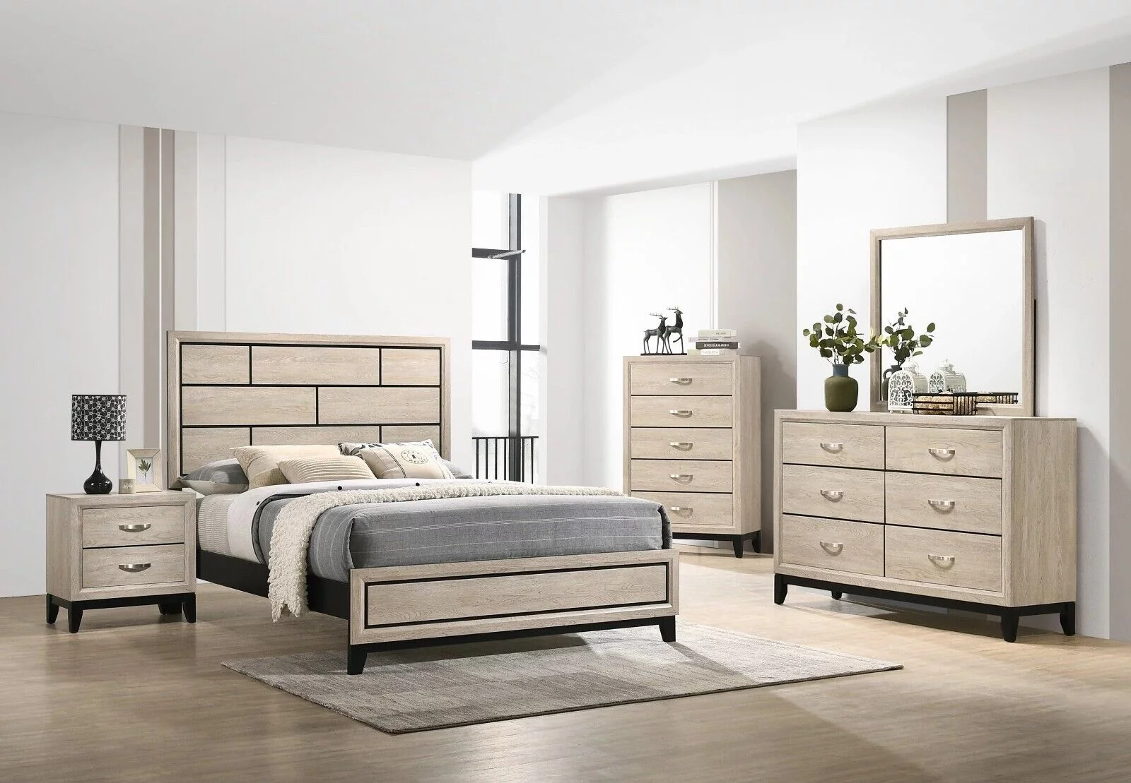 Contemporary Style 6pc Queen Size Low-Profile Bed Dresser Mirror Nightstand Chest Bedroom Furniture Set Beige Finish