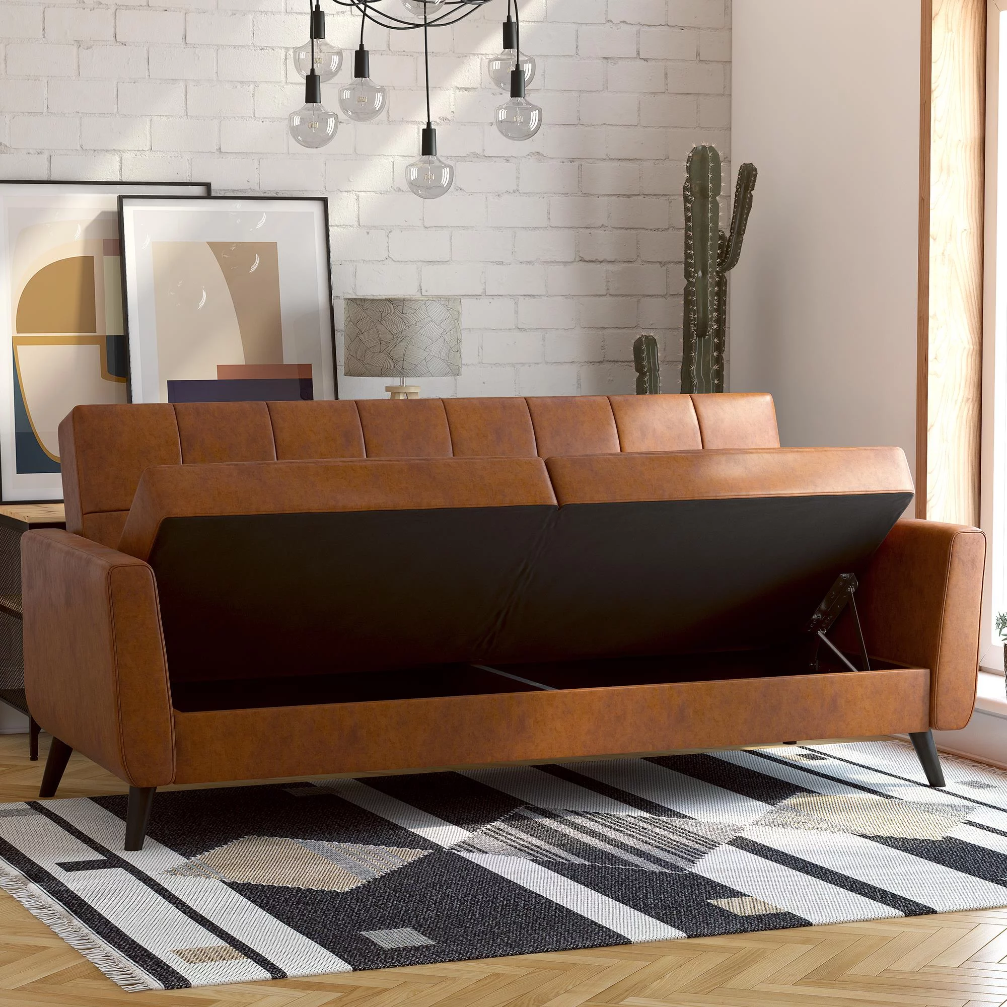 Queer Eye Liam Futon with Storage, Camel Faux Leather
