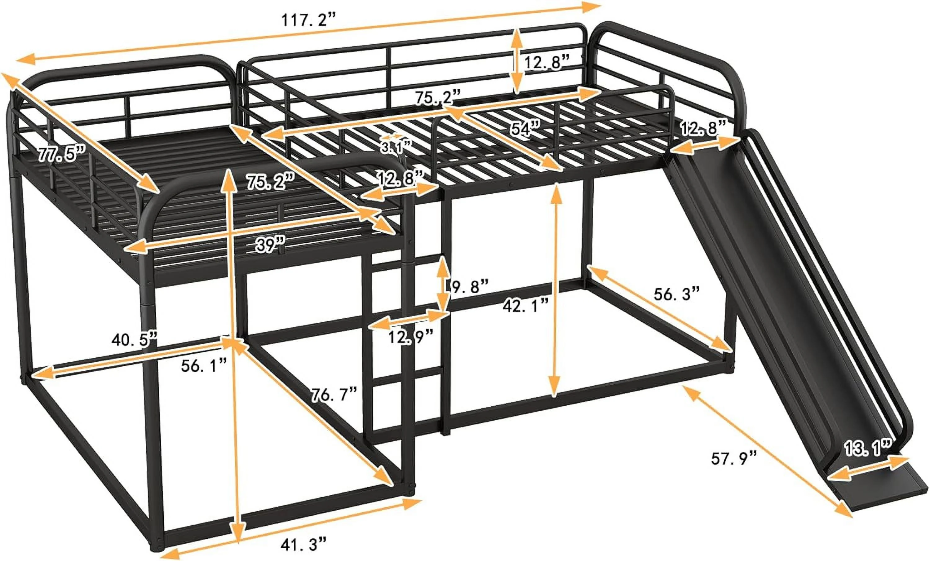 Triple Metal Bunk Beds For 4 Kids, No Box Spring Needed (Black, And Full)