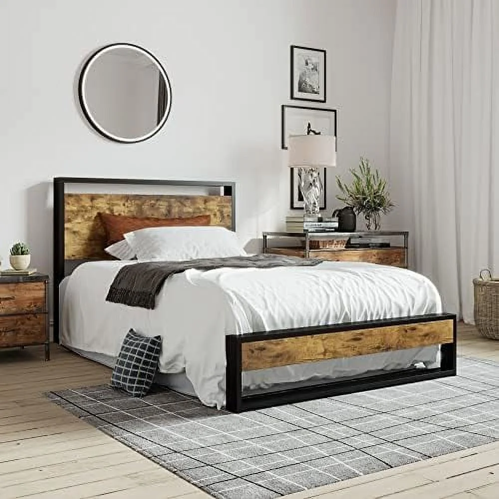 Queen Bed Frame with Wood Headboard and Footboard Heavy Duty Metal Platform Bed Frame No Box Spring Needed Noise-Free Rustic Brown