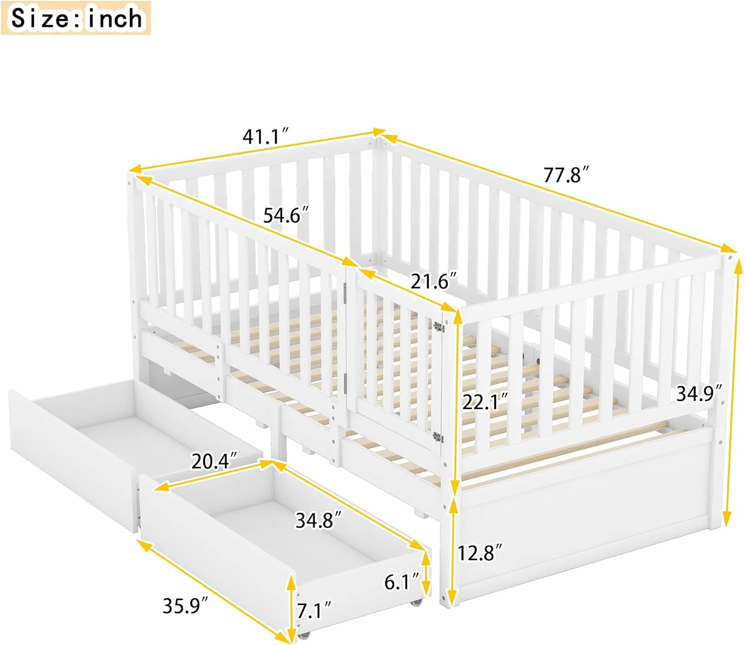 Bed Frame With Rails Ad Storage Drawers, Ca Be Divided Ito A Size Floor Bed With Fece Ad A Daybed With 2 Drawers, Wood Motessori Beds With Kids Boys Girls Tees, White